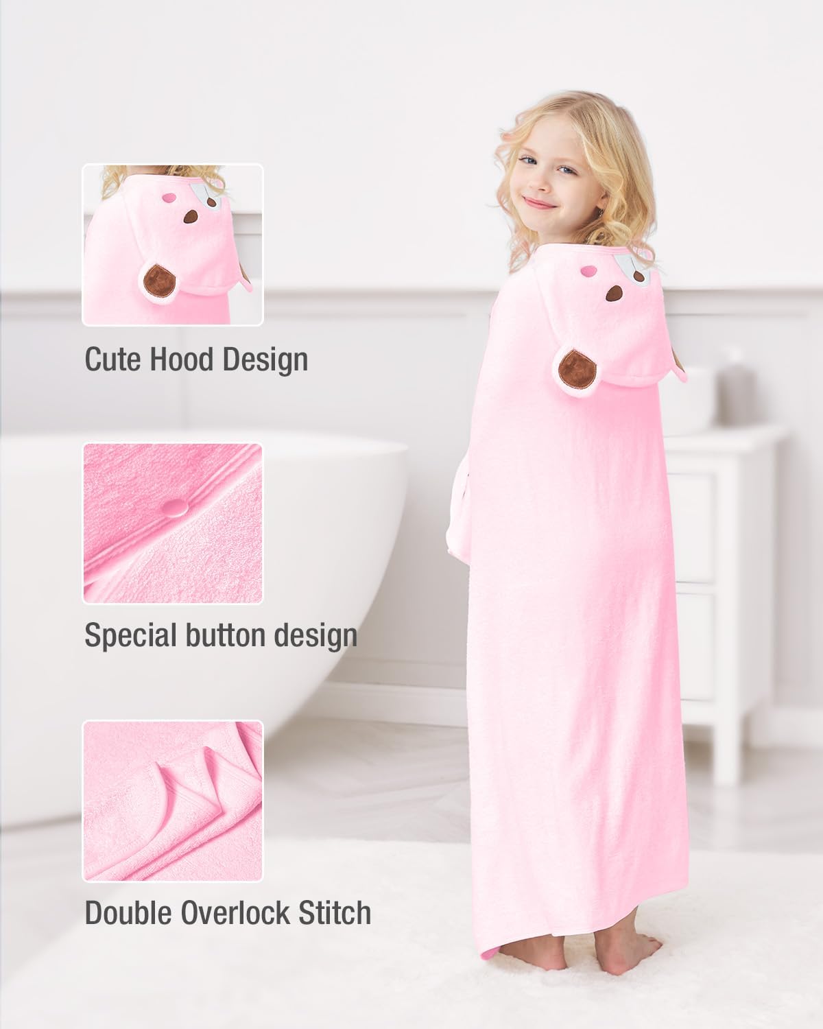 ZIONOR Hooded Bath Towel for Kids - Pink Bear