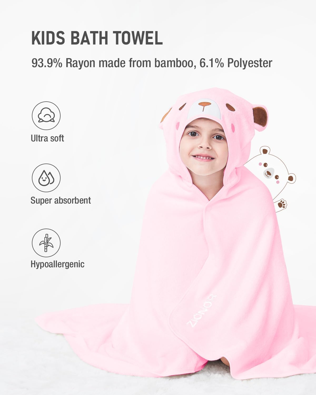 ZIONOR Hooded Bath Towel for Kids - Pink Bear
