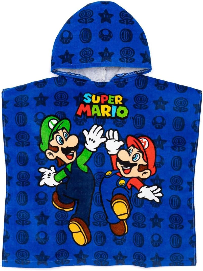 Super Mario Kids Towel Poncho - Blue Mario Luigi Bath Towel