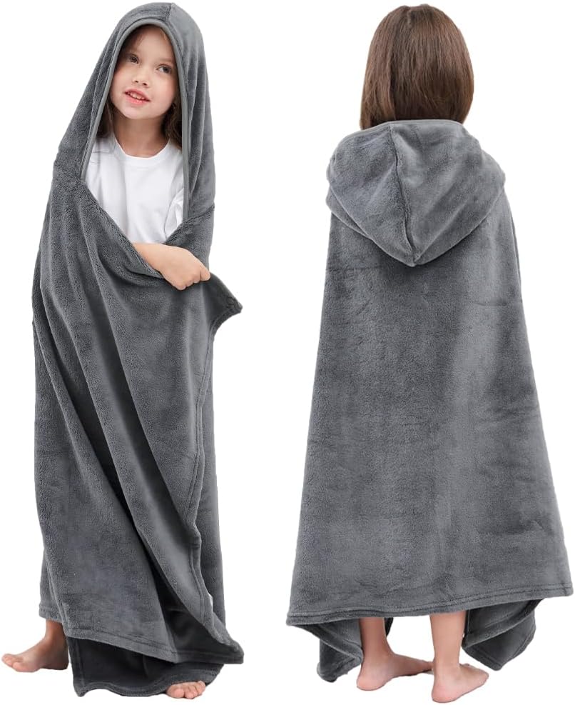 Hiturbo Kids Fleece Hooded Bath Towel - 50x30 Inches Gray