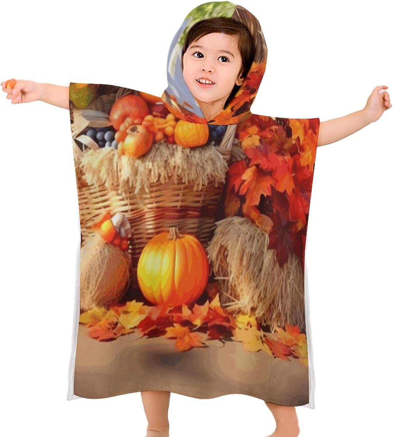 Kids Hooded Bath Towel with Autumn Thanksgiving Print