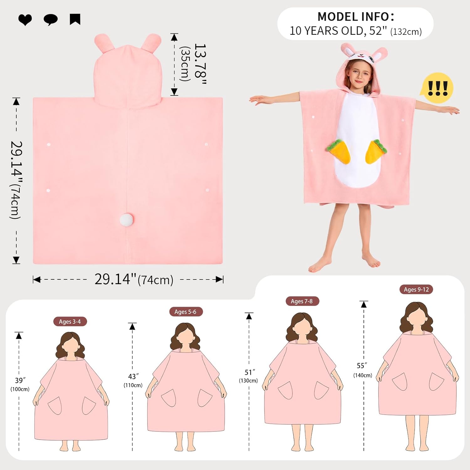 OLAOLA Bunny Hooded Kids Beach Towel for 3-12 Years