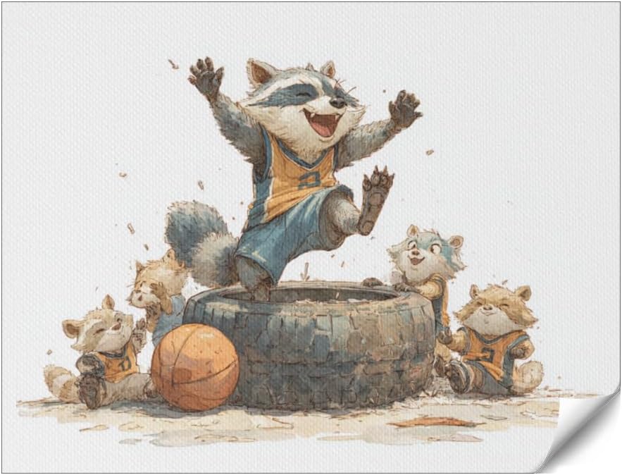 Raccoon Celebrating on Tire Wall Canvas Art