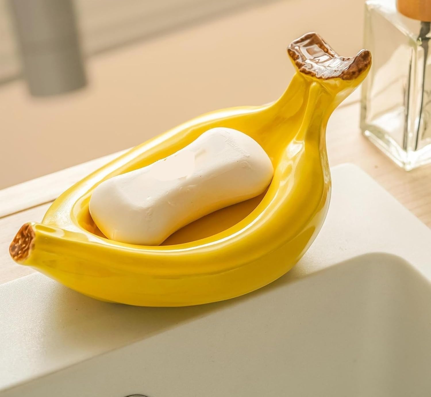 Ceramic Banana Soap Holder with Drain Green and Yellow