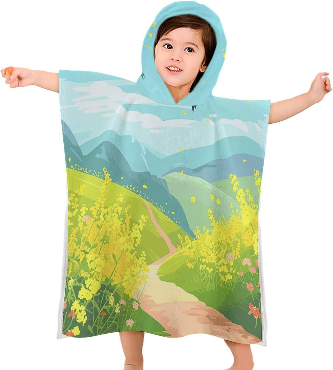 Kids Hooded Beach Towel with Flowers and Swallows Print
