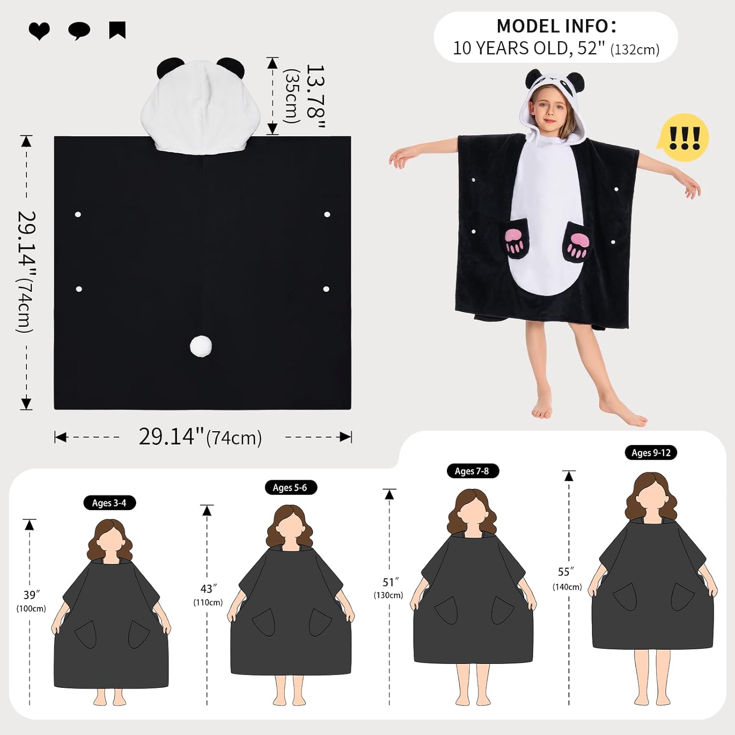 OLAOLA Panda Hooded Kids Beach Towel for 3-12 Years