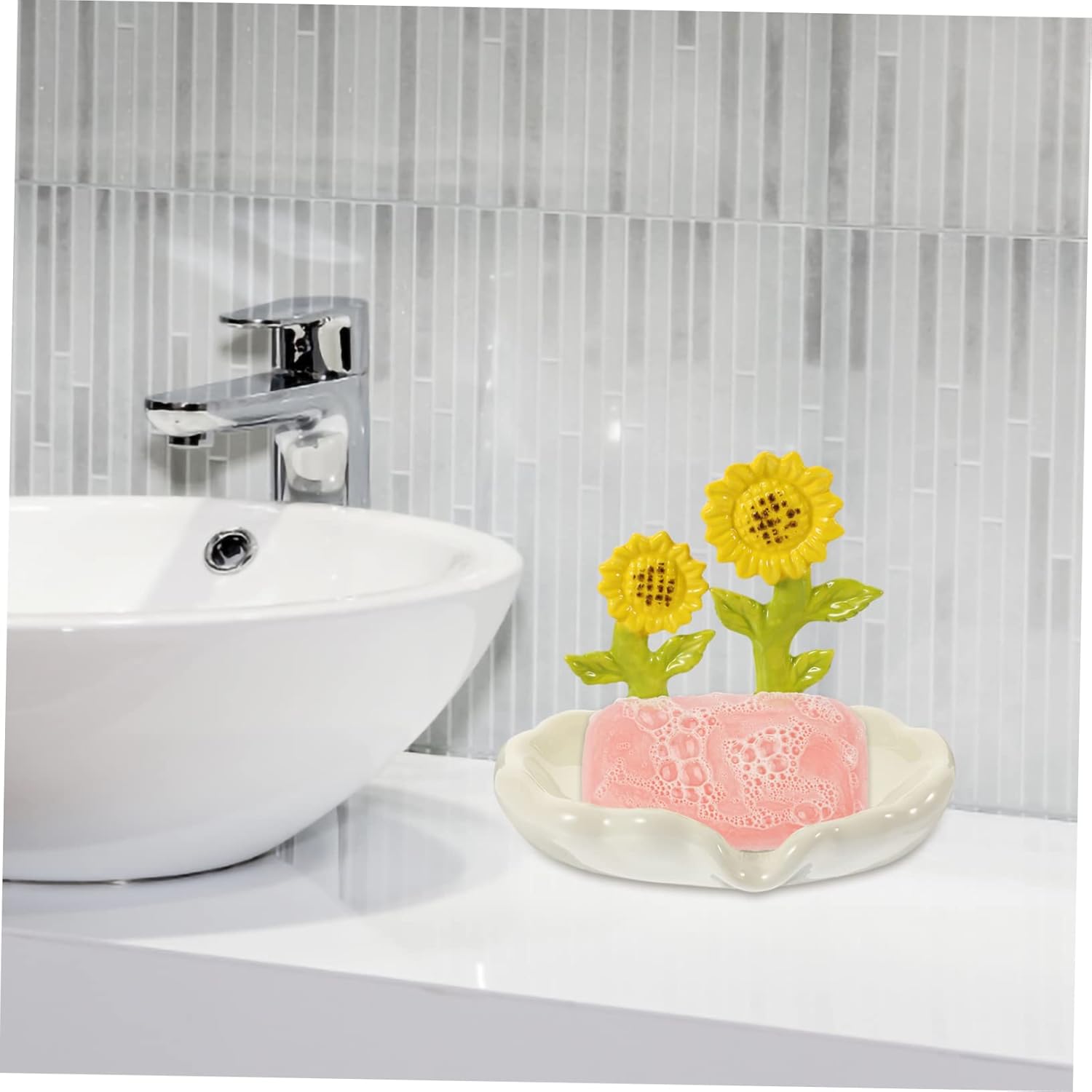 Ciieeo Ceramic Soap Dish with Drainage Sunflower Holder for Bathroom Kitchen