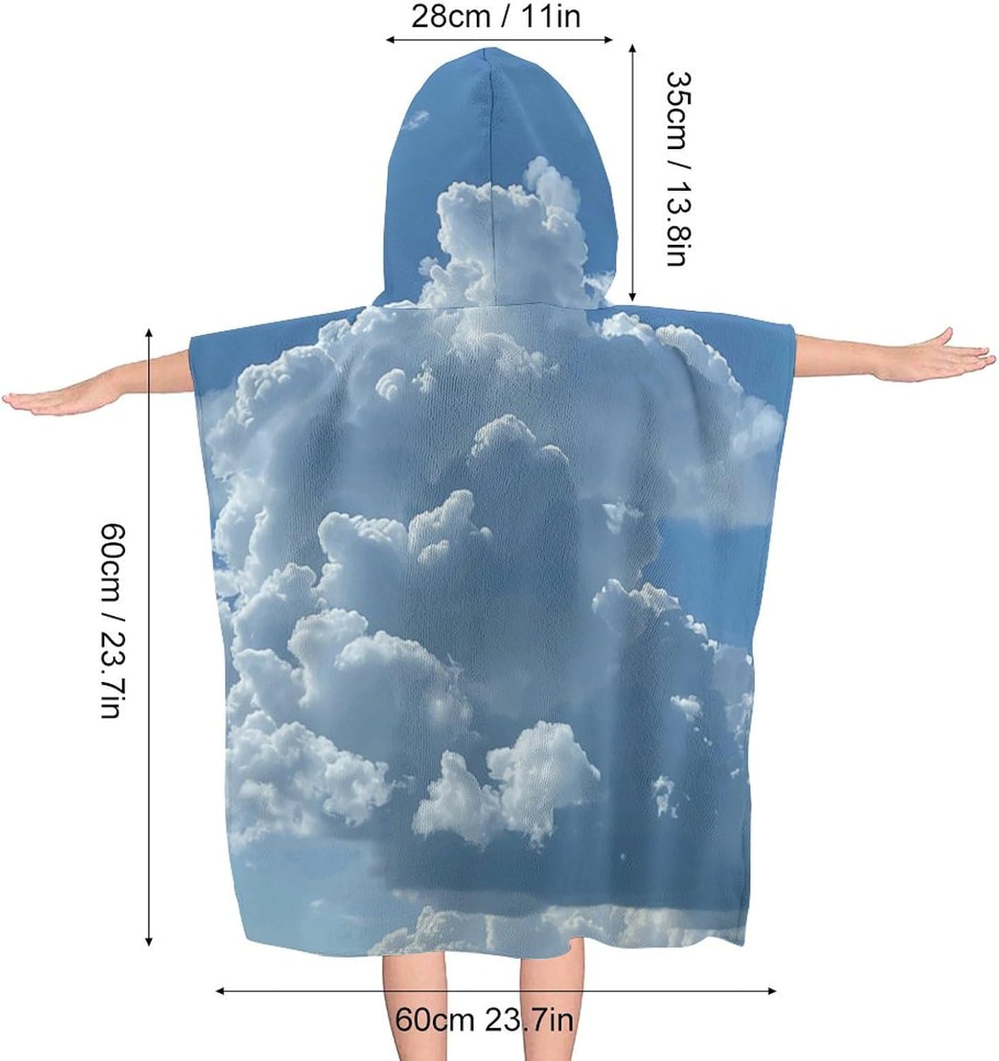 Kids Hooded Bath Towel with White Clouds Print