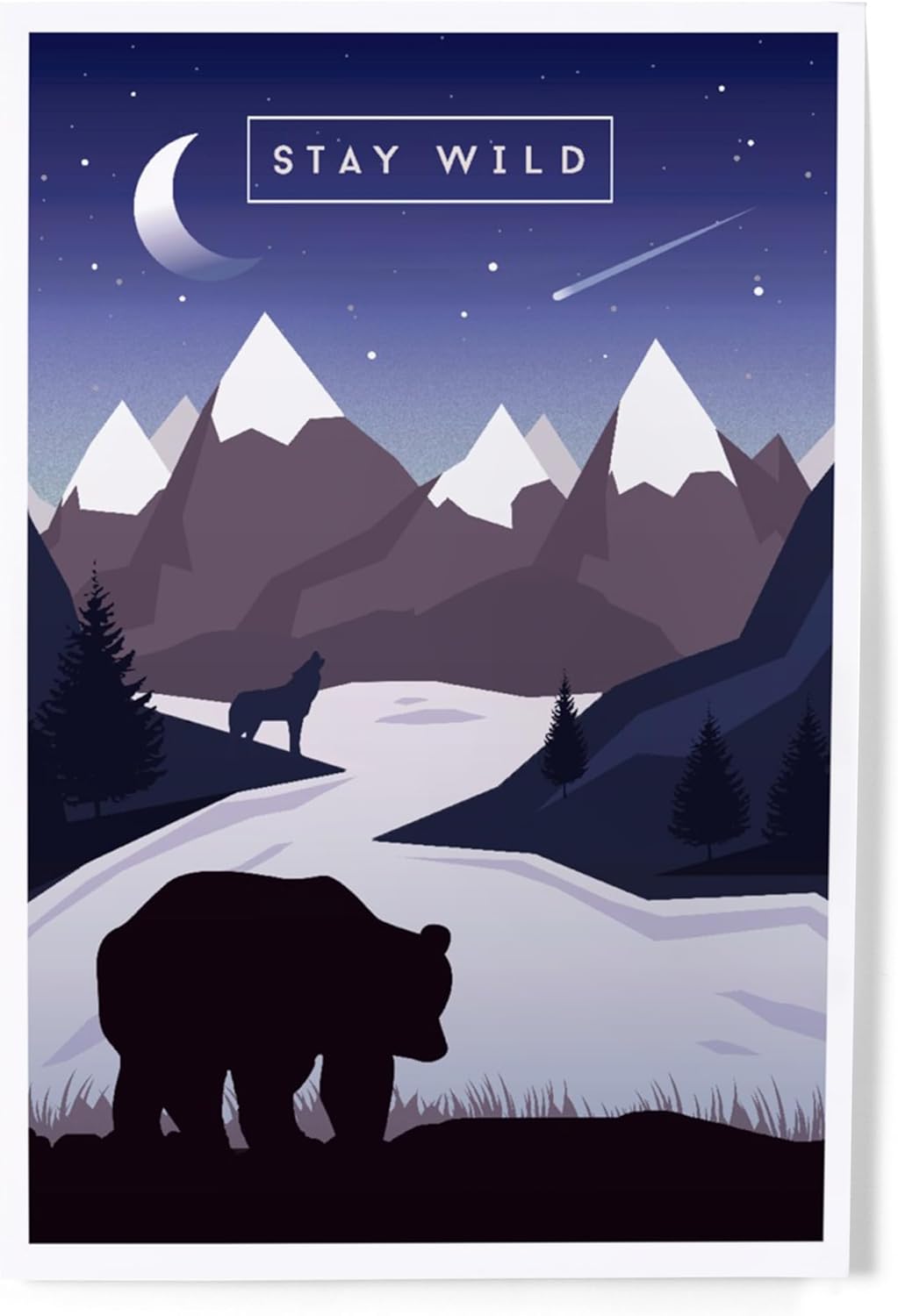 Lantern Press 8x12 Art Print Stay Wild Bear Mountain Night Sky Purple