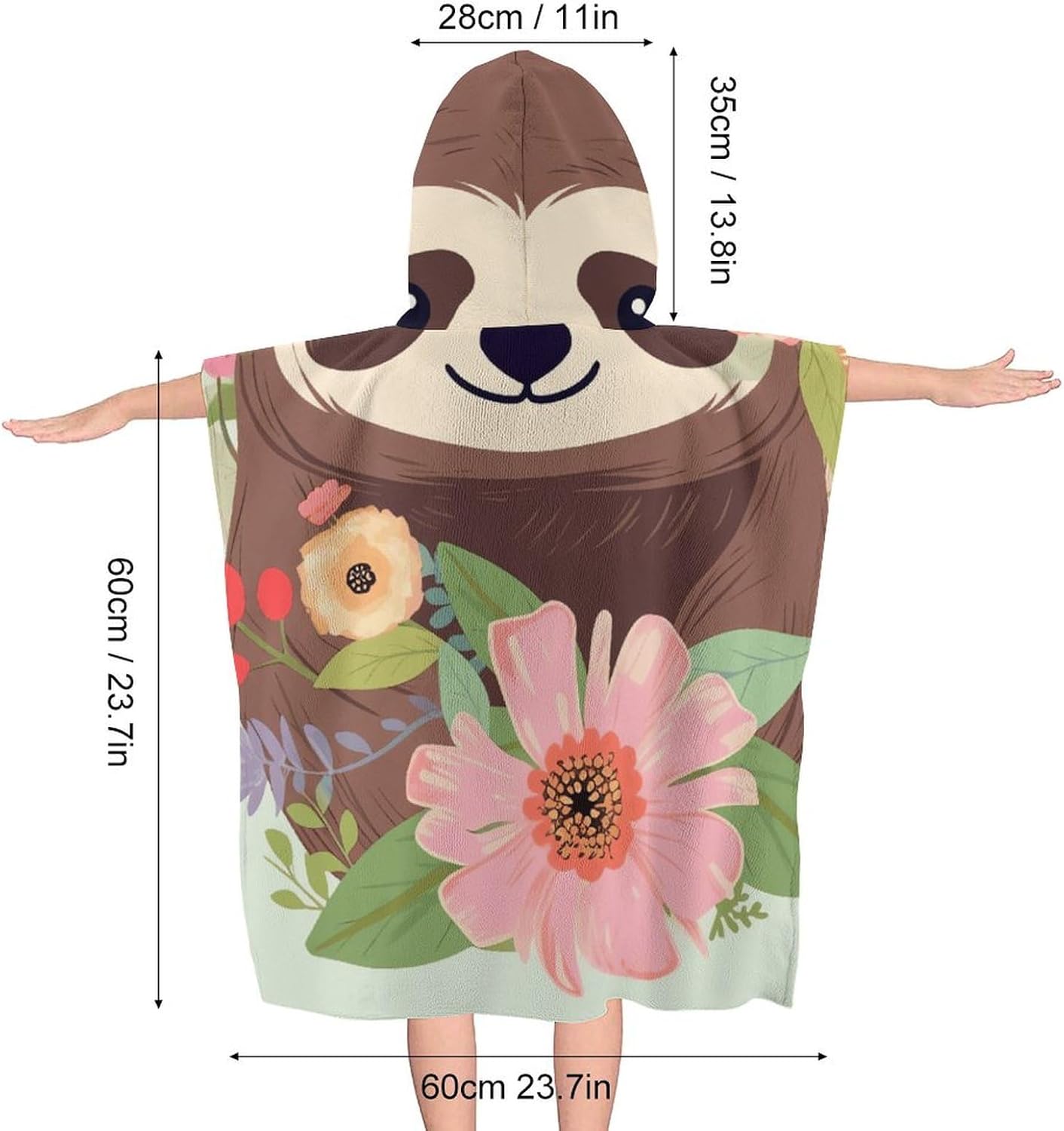 Kids Bath Towel with Sloth and Flowers Print