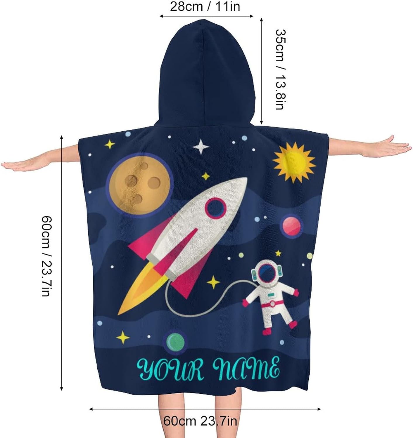 Custom Kids Hooded Bath Towel with Name - Astronaut Rocket Planet Design