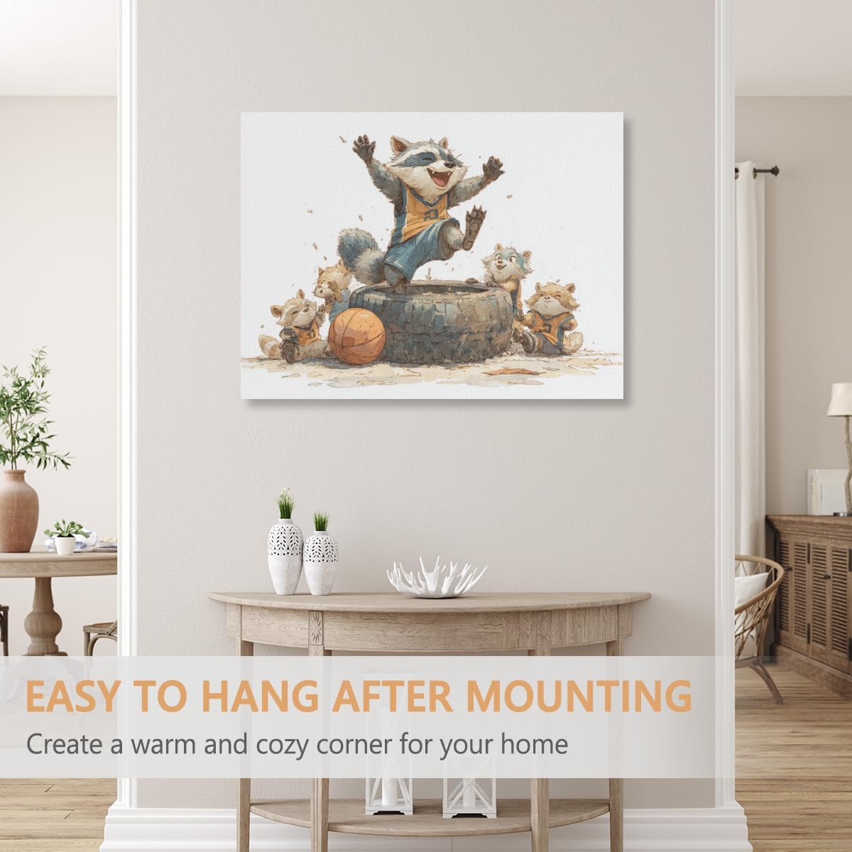 Raccoon Celebrating on Tire Wall Canvas Art