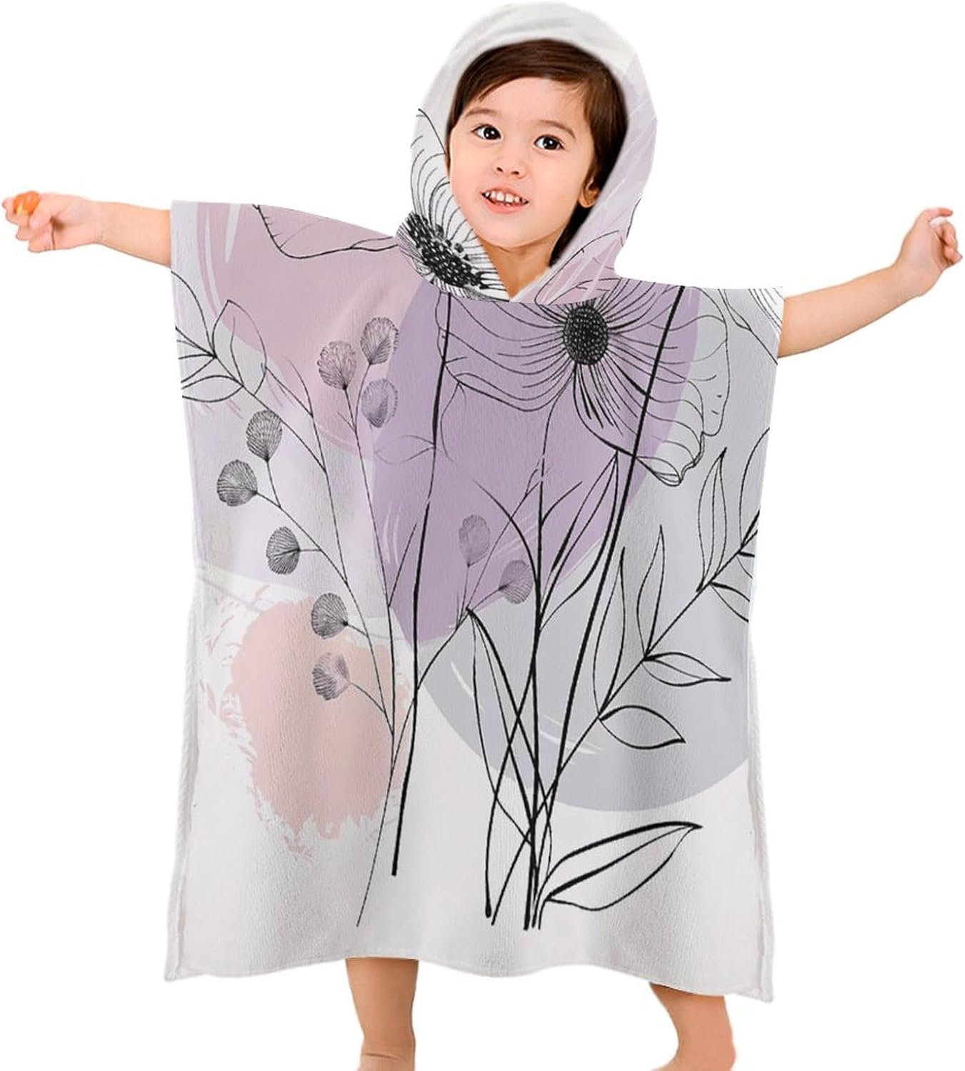 Kids Hooded Beach Towel with Hand Drawn Flowers Print