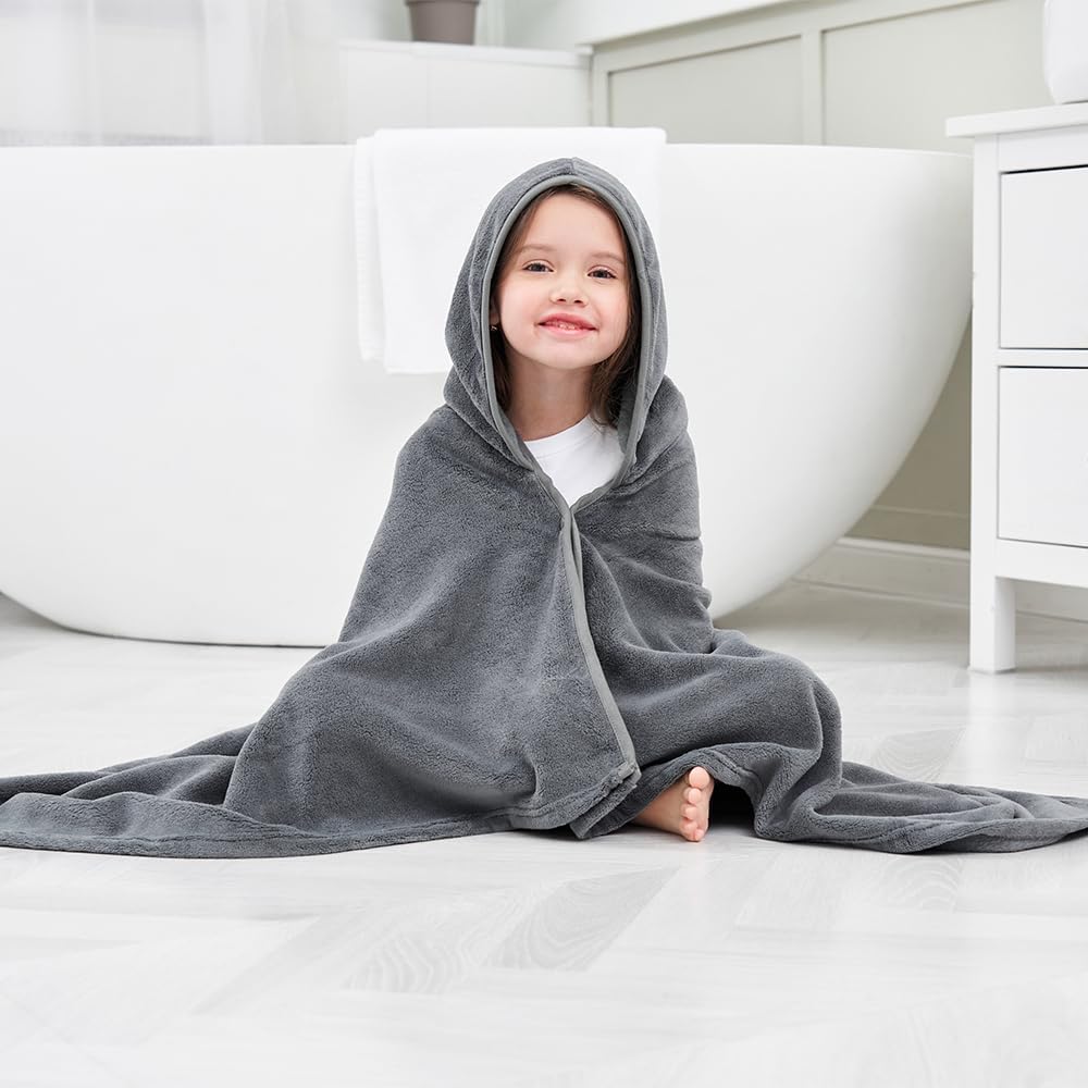 Hiturbo Kids Fleece Hooded Bath Towel - 50x30 Inches Gray
