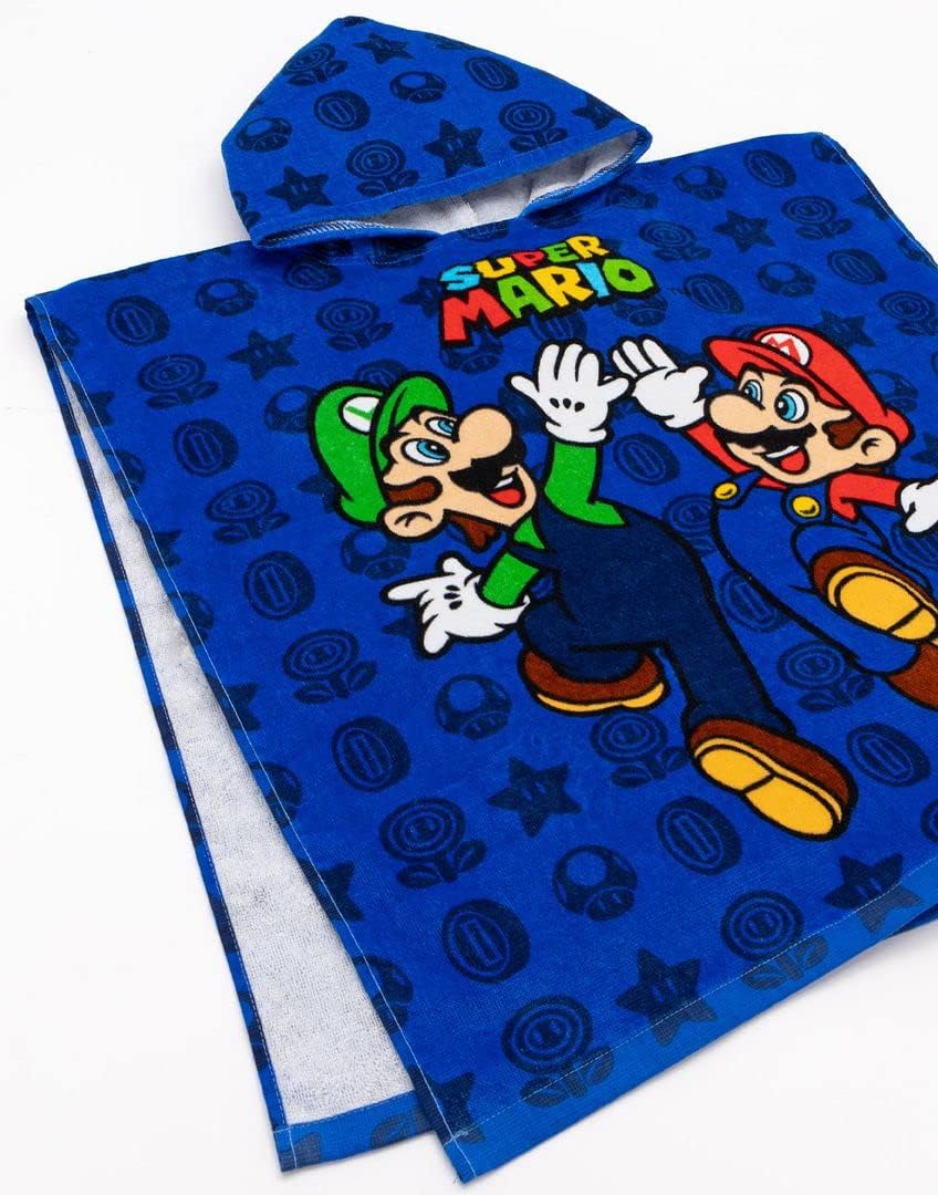 Super Mario Kids Towel Poncho - Blue Mario Luigi Bath Towel
