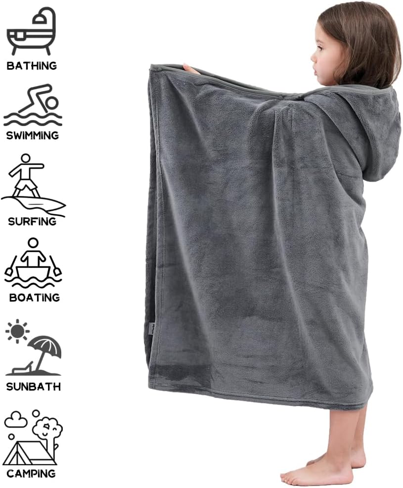 Hiturbo Kids Fleece Hooded Bath Towel - 50x30 Inches Gray