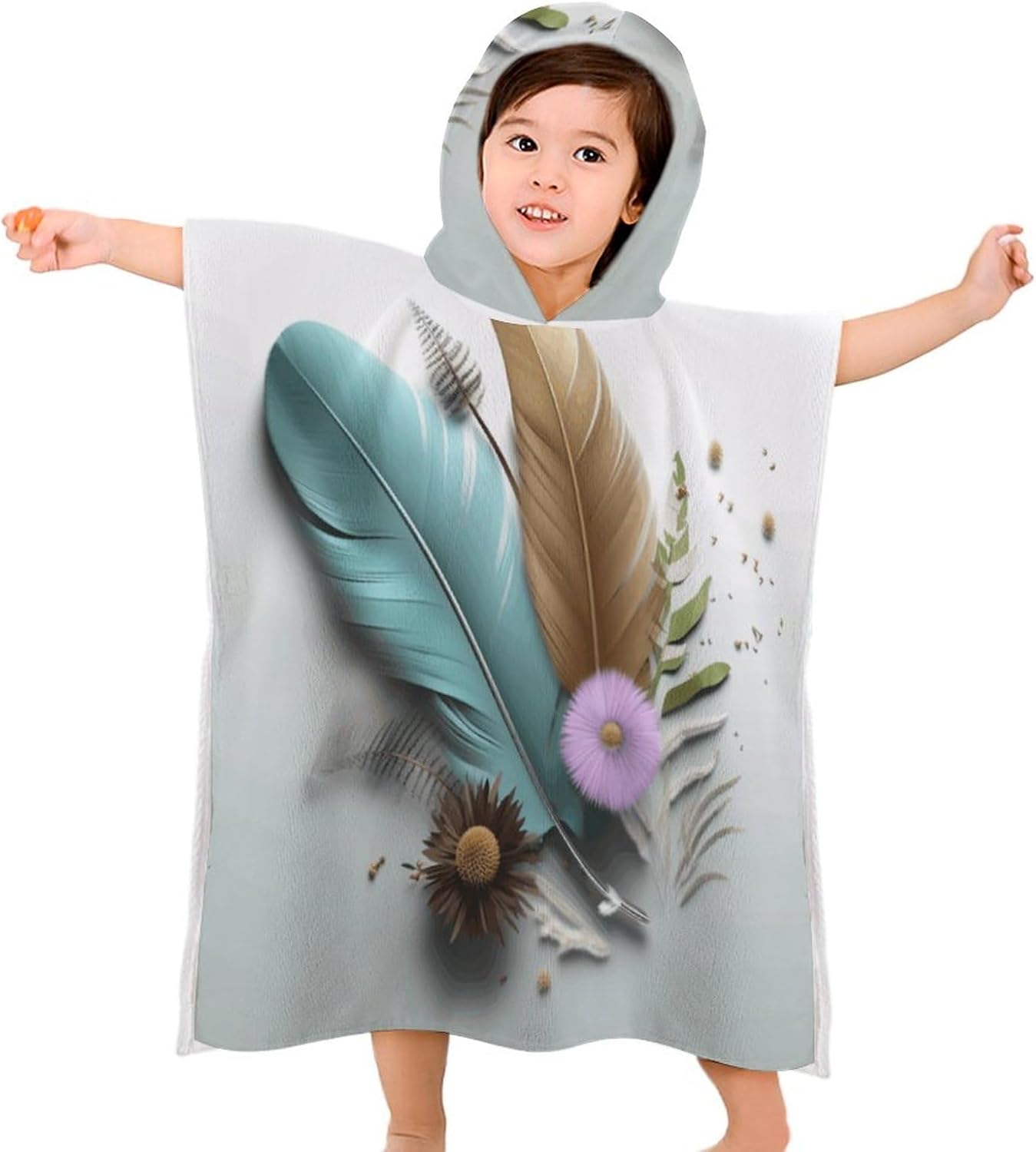 Kids Hooded Towel with Feather Flower Print