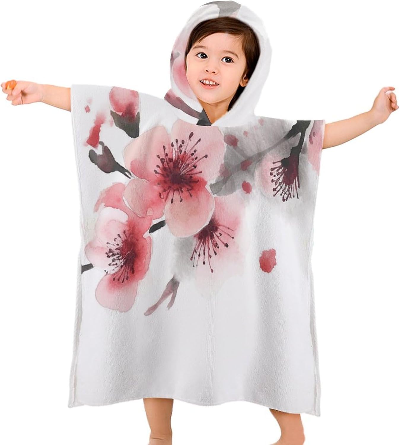 Kids Hooded Bath Towel with Cherry Florals Print