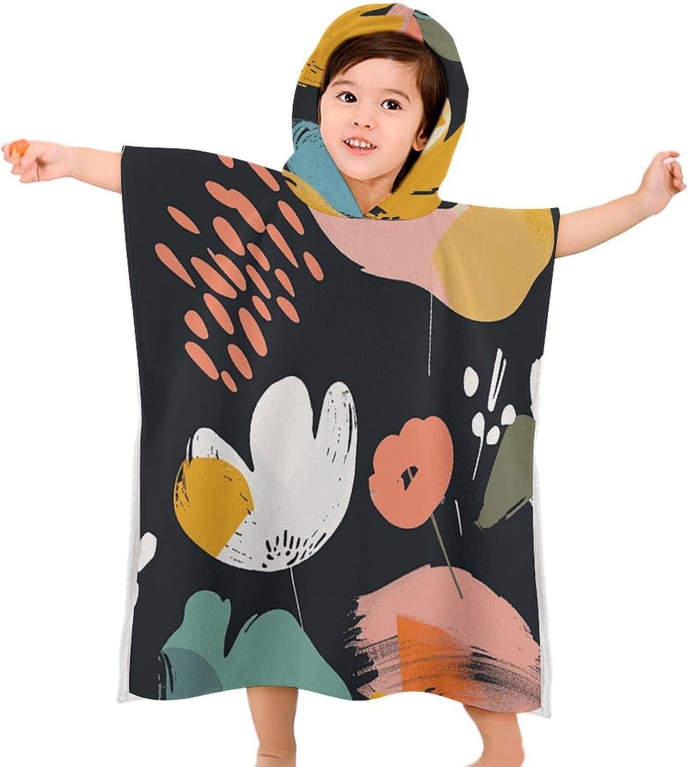 Kids Hooded Beach Towel with Abstract Flowers Print