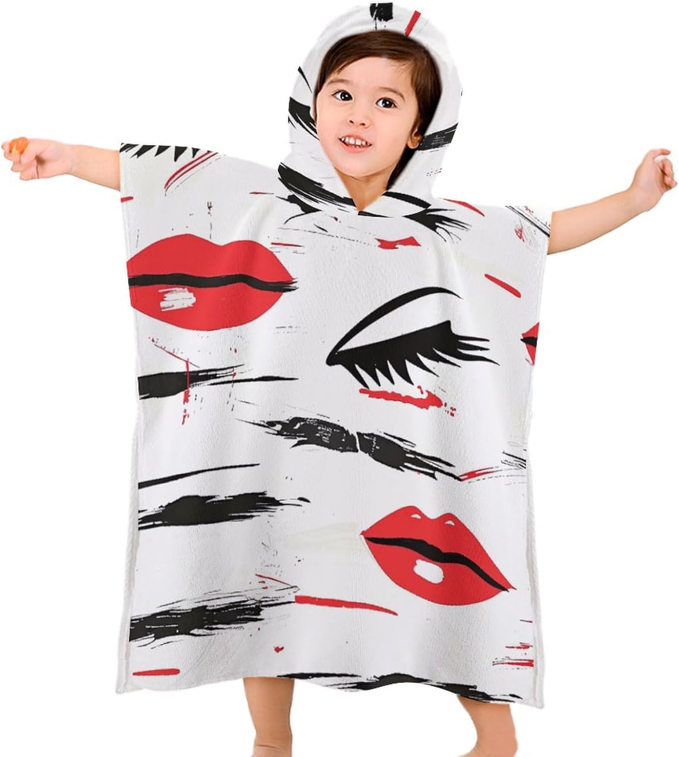 Kids Hooded Bath Towel with Lips and Eyelashes Print