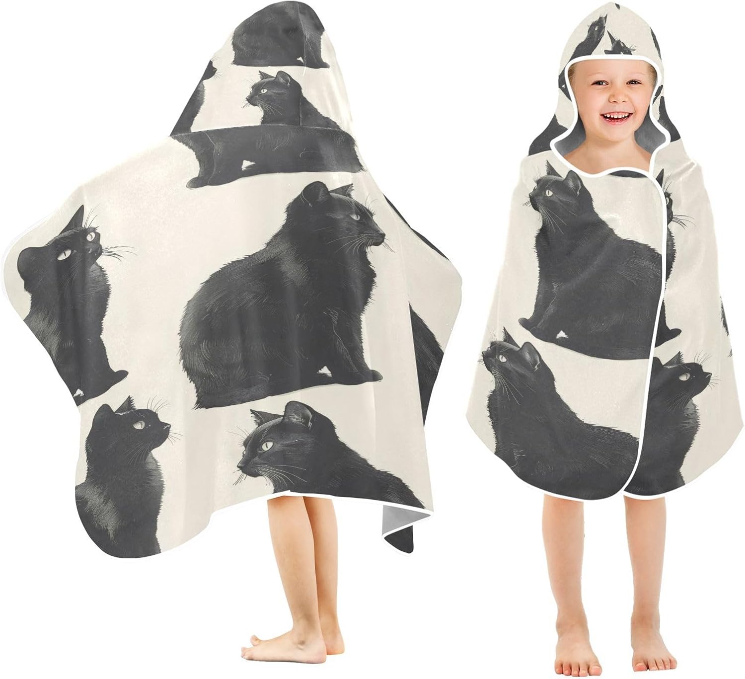 Cute Black Cats Hooded Kids Bath Towel - Soft Lightweight Quick Dry Microfiber