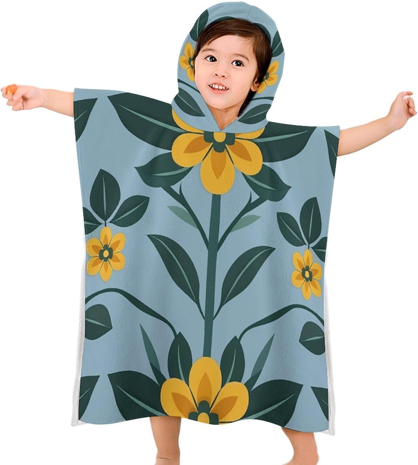 Kids Hooded Beach Towel with Repeating Flower Pattern