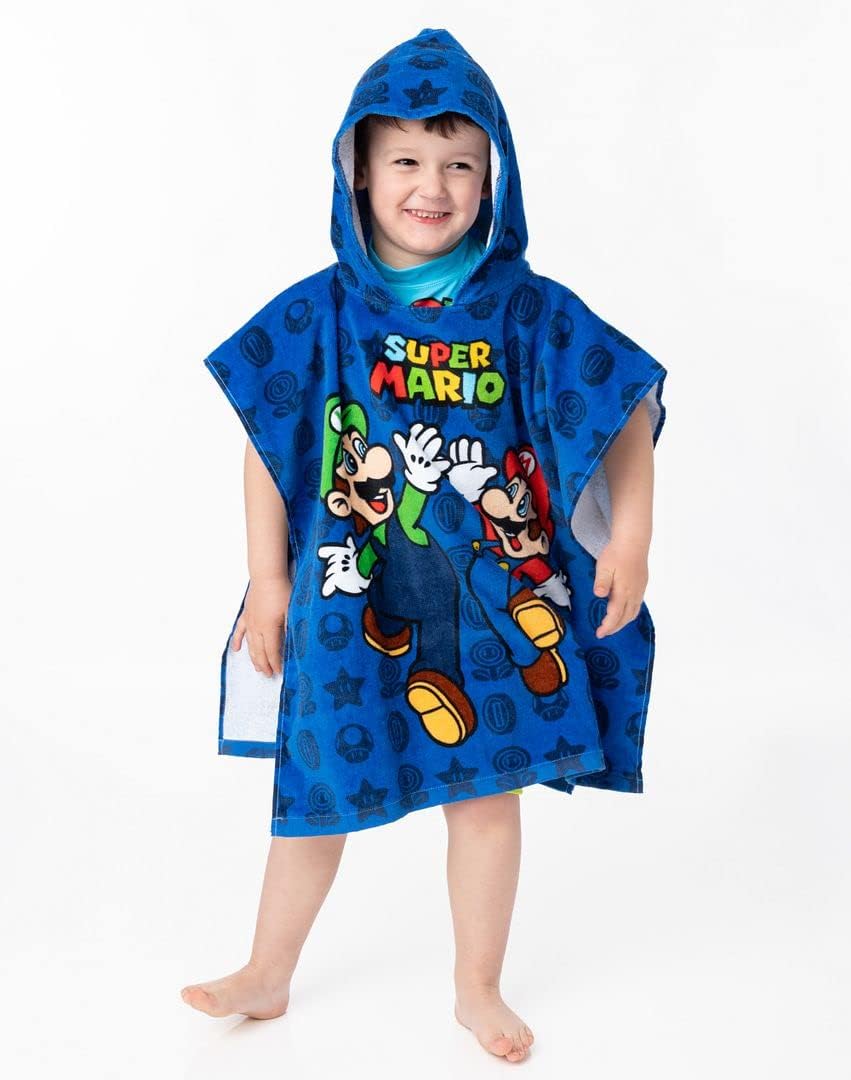 Super Mario Kids Towel Poncho - Blue Mario Luigi Bath Towel