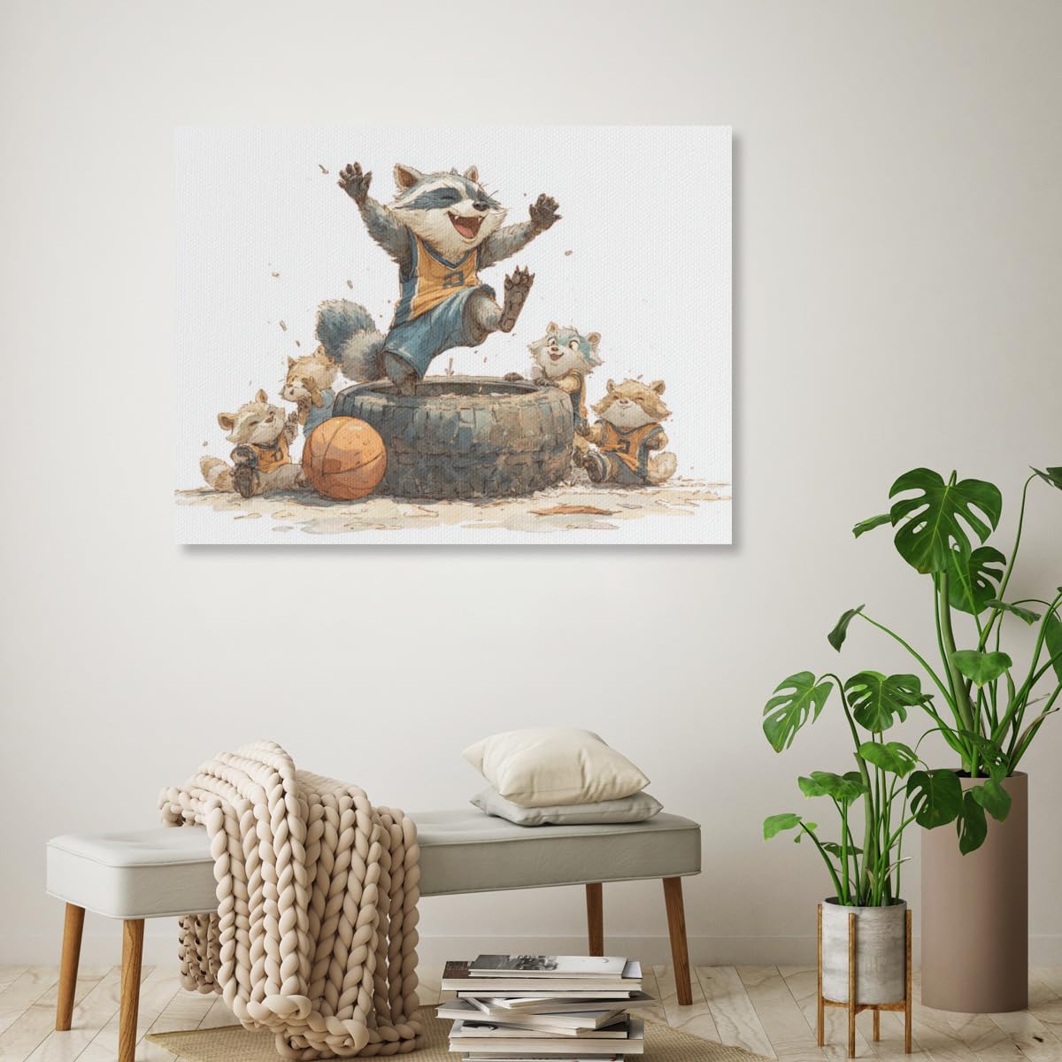 Raccoon Celebrating on Tire Wall Canvas Art