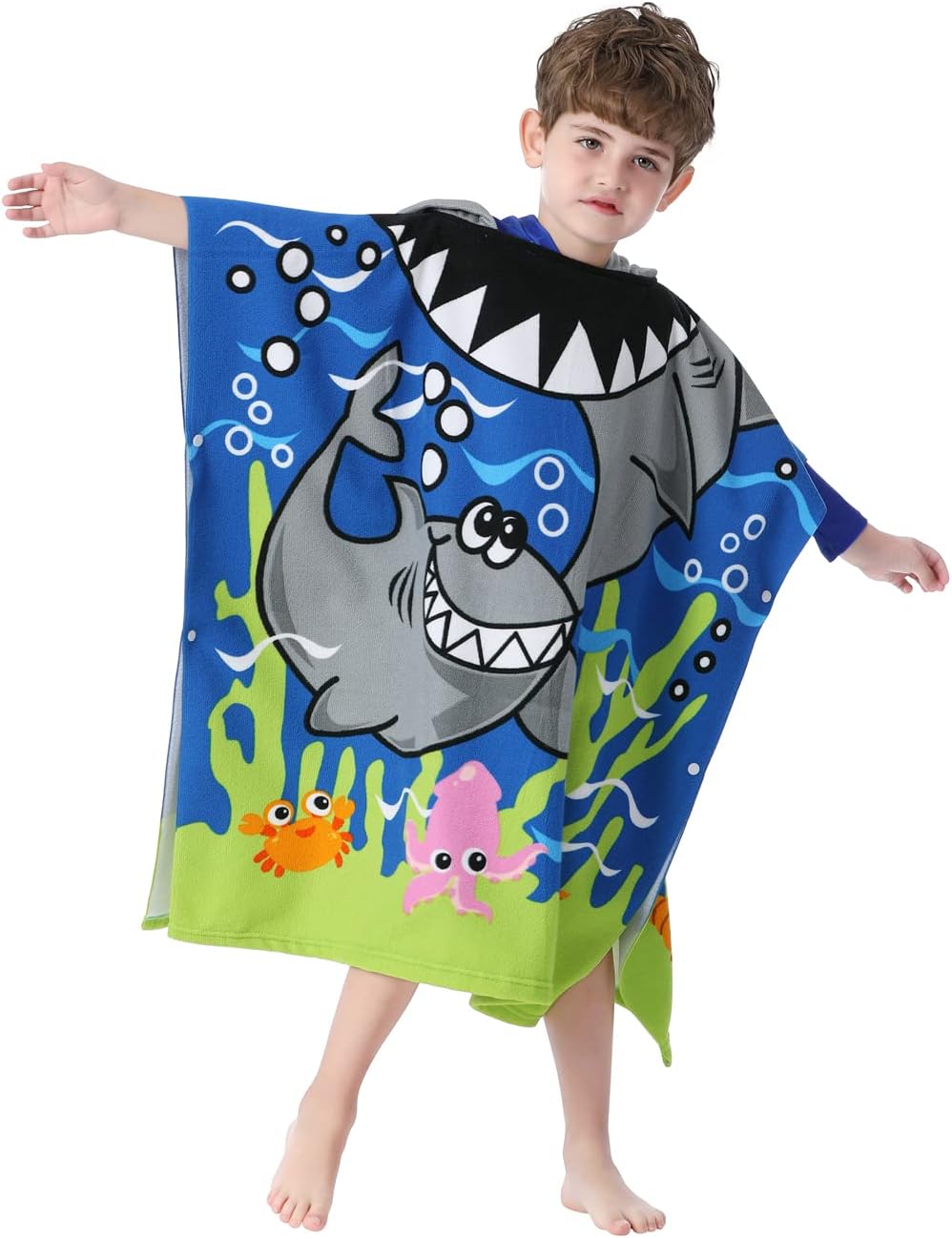 Great White Shark Theme Hooded Poncho Towel for Kids