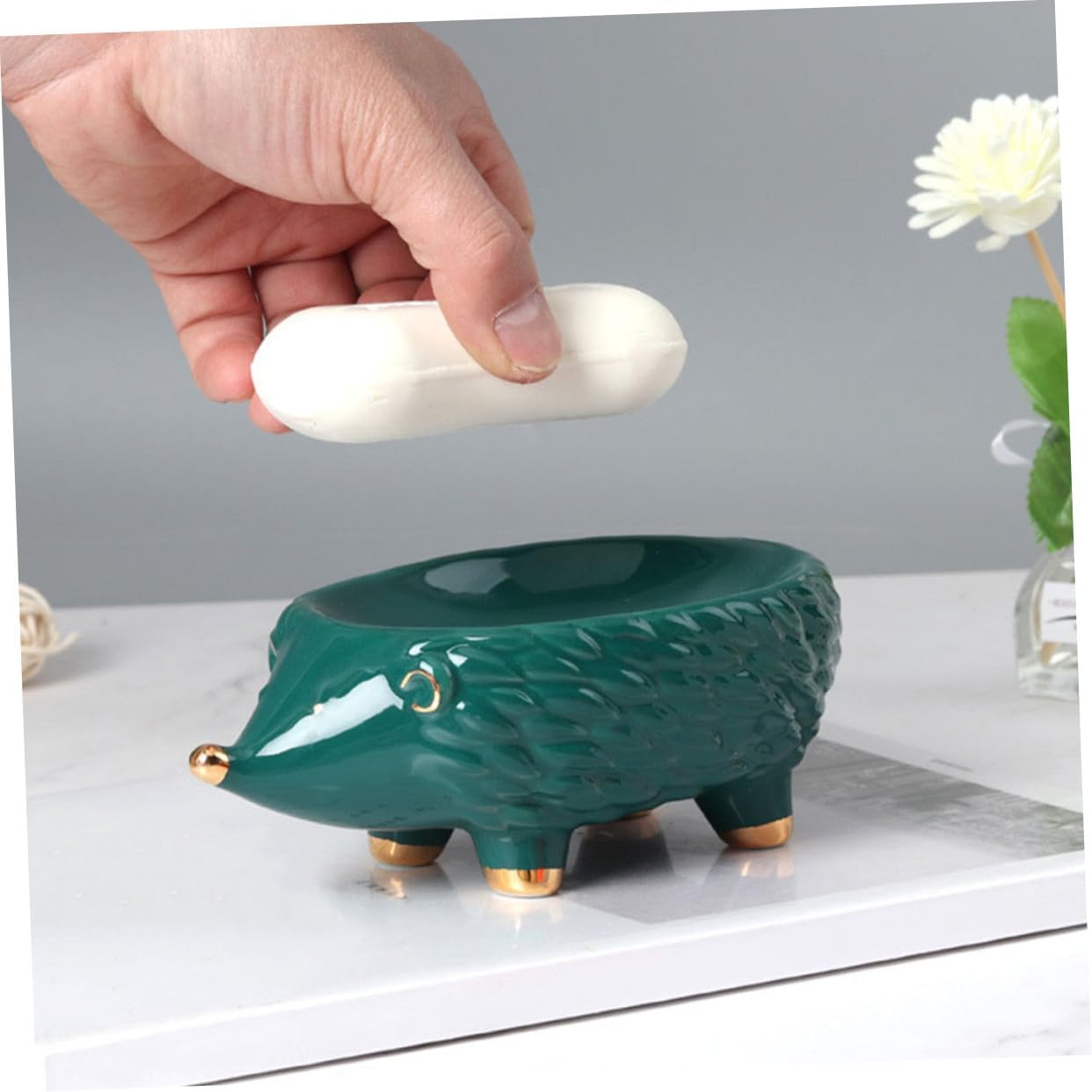 Ceramic Hedgehog Soap Holder Cute Green Bathroom Storage Rack