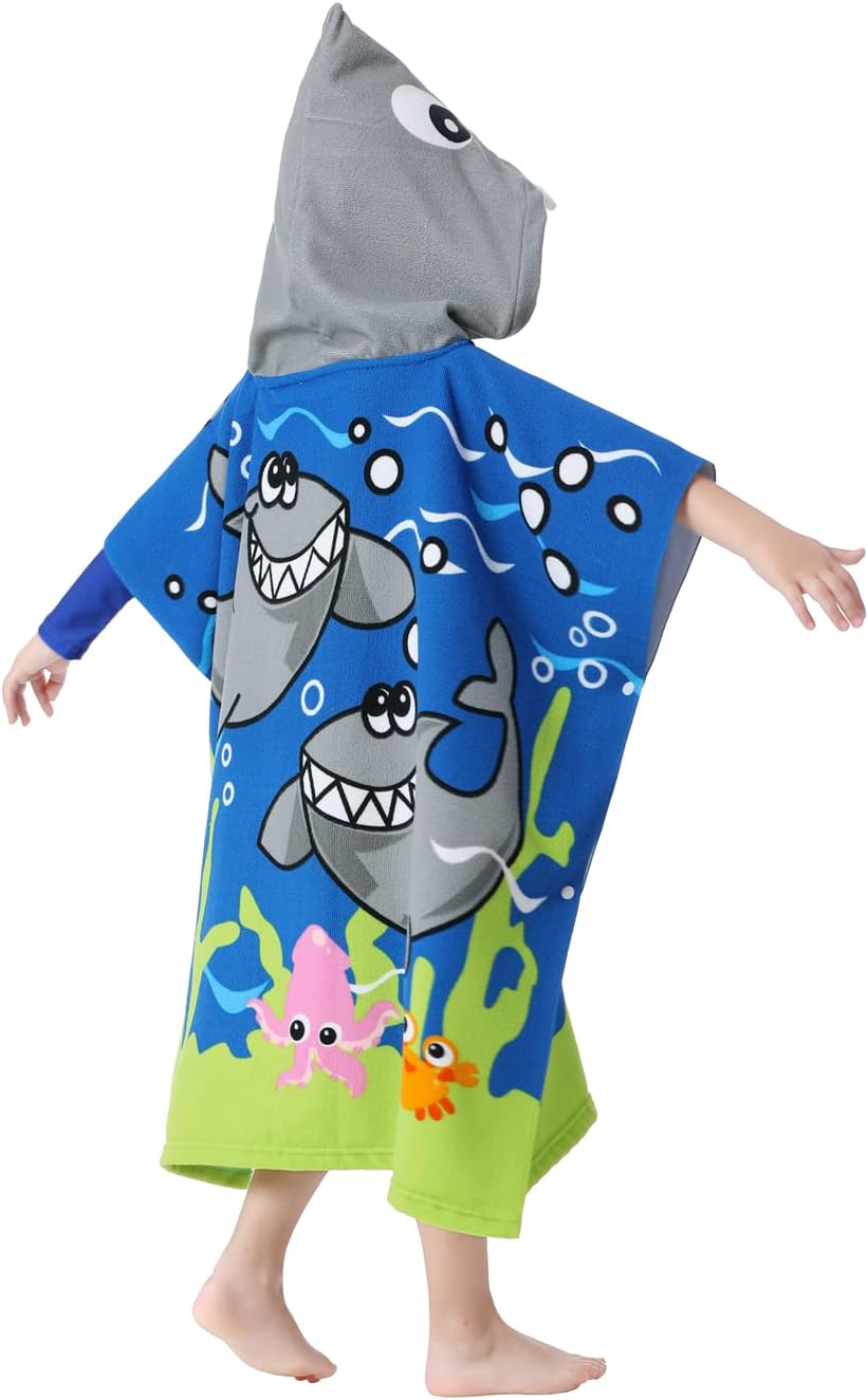 Great White Shark Theme Hooded Poncho Towel for Kids