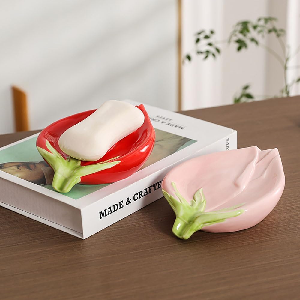 Ceramic Self Draining Soap Dish with Rose Design
