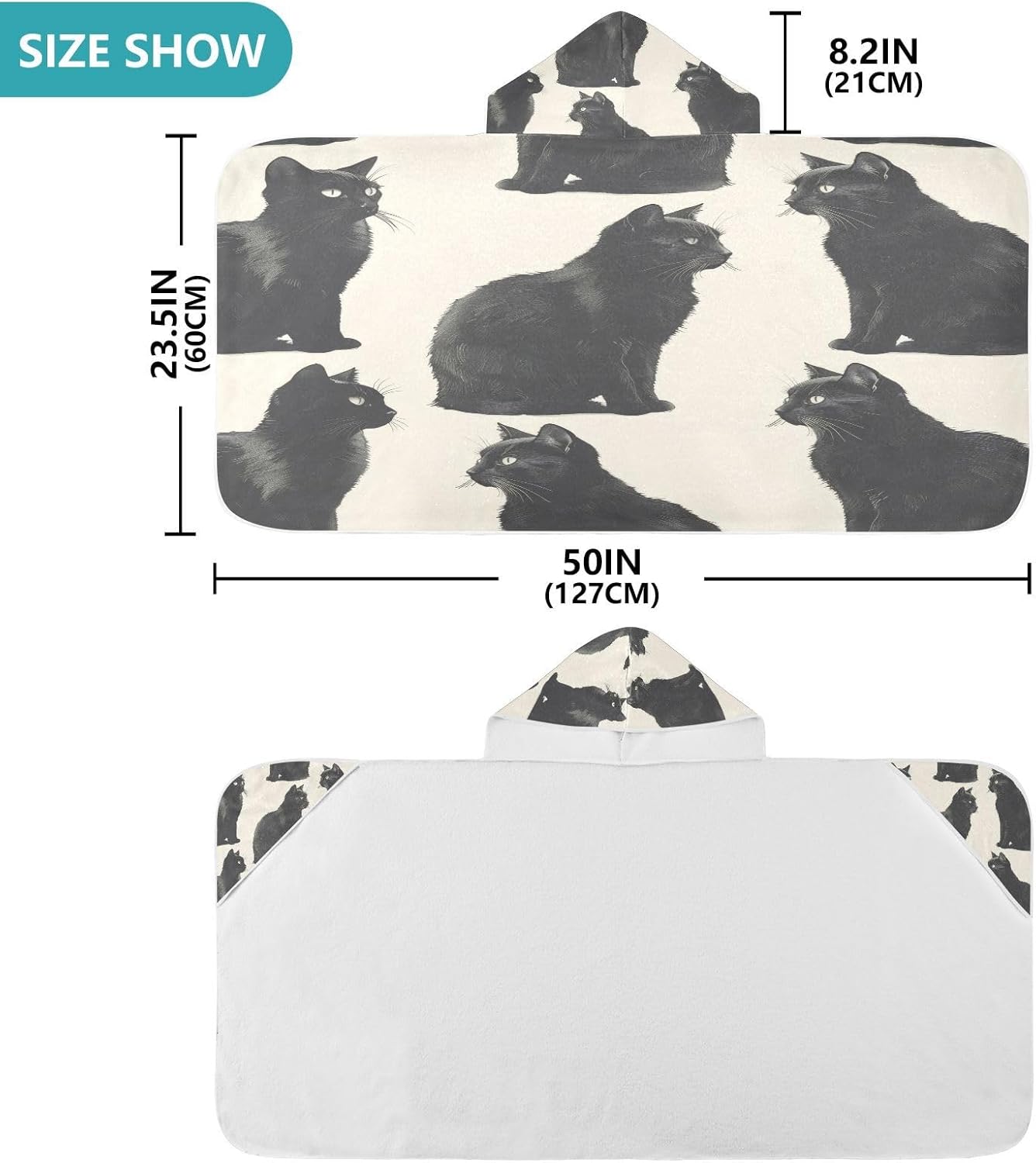 Cute Black Cats Hooded Kids Bath Towel - Soft Lightweight Quick Dry Microfiber