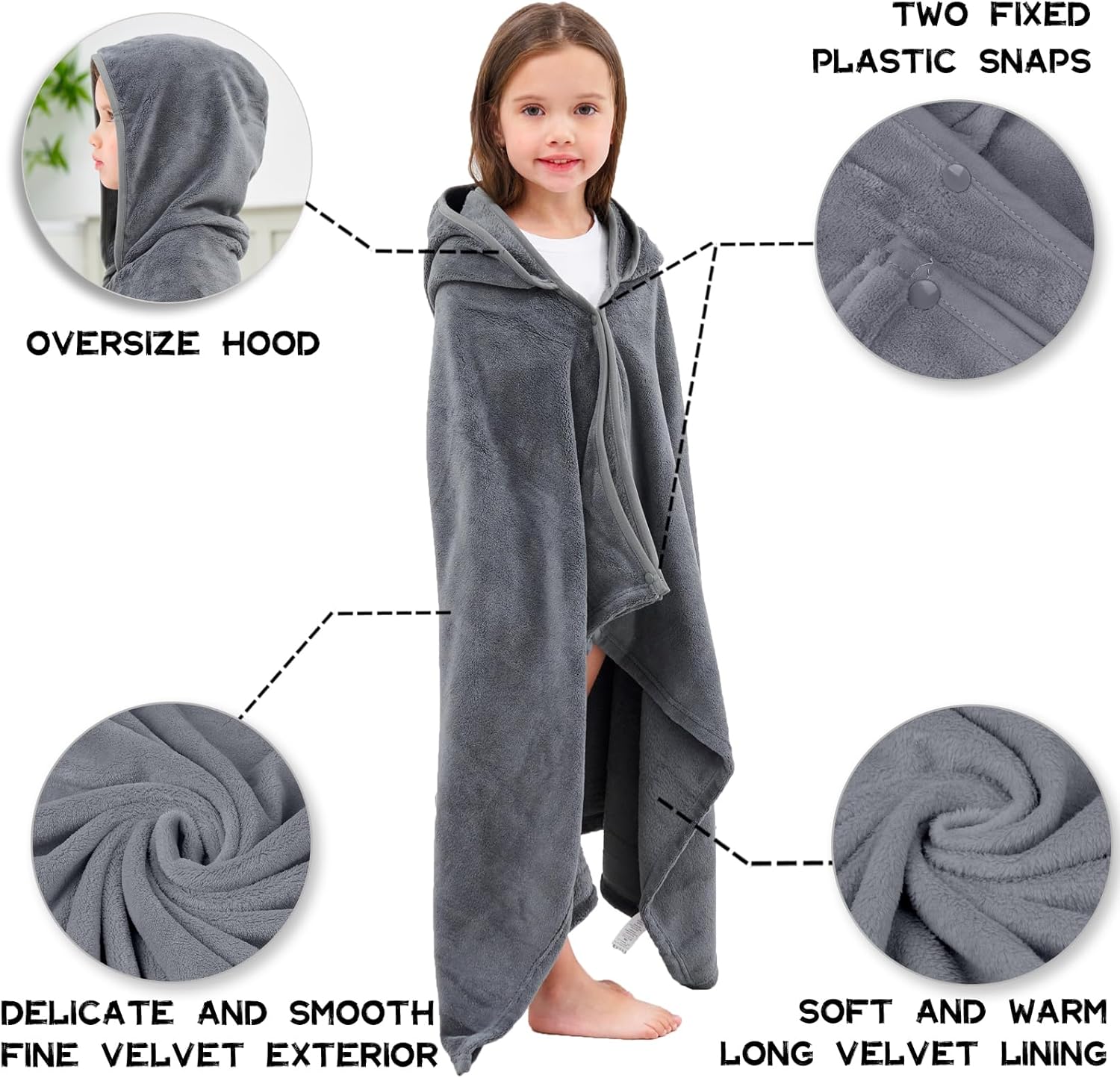 Hiturbo Kids Fleece Hooded Bath Towel - 50x30 Inches Gray