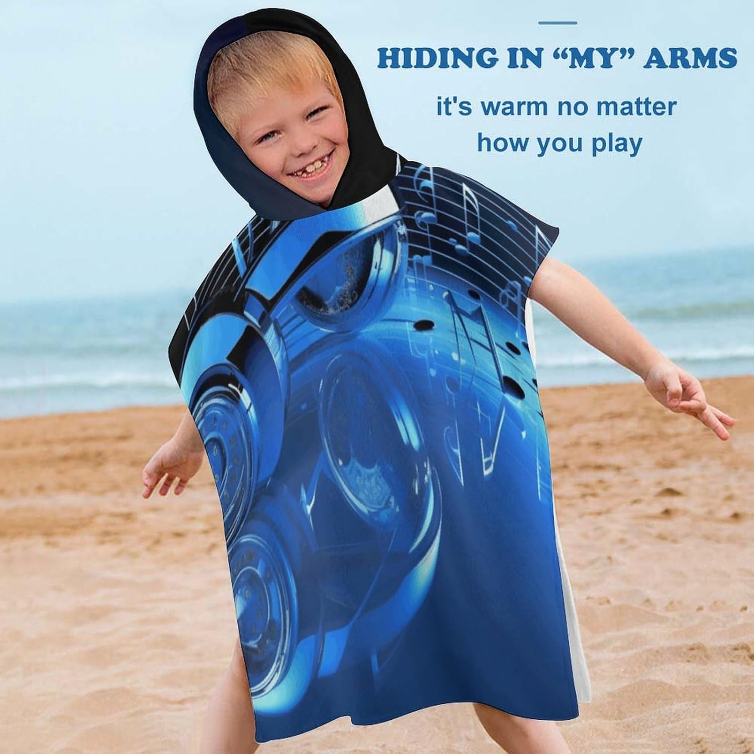 Kids Bath Towel with Blue Music Print Hoodie