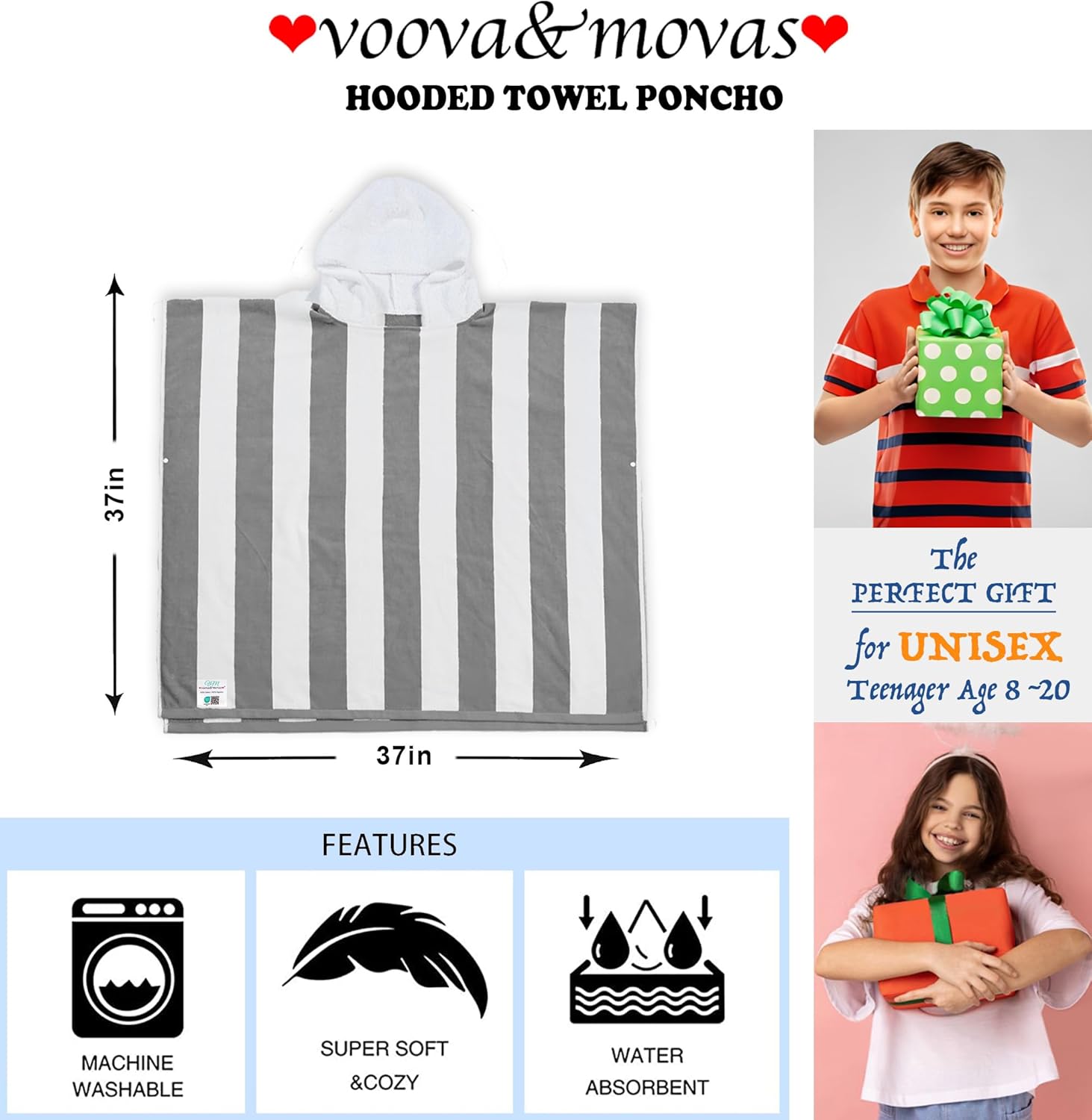 VOOVA MOVAS Big Kids Hooded Poncho Towel - 8-16 Years Grey Cabana Stripe