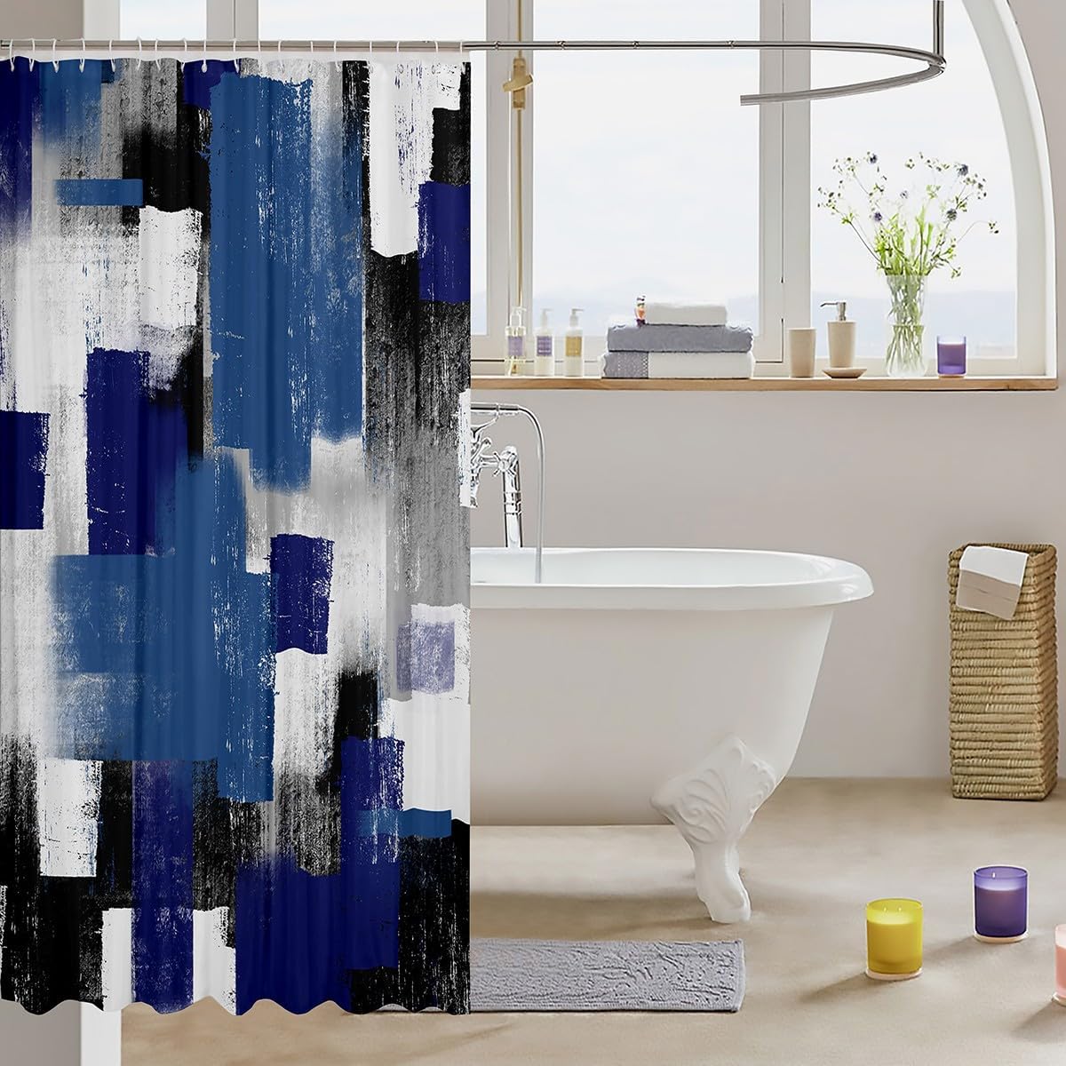 Feelyou Blue Grey White Shower Curtain Set 72x72 Modern Striped Art