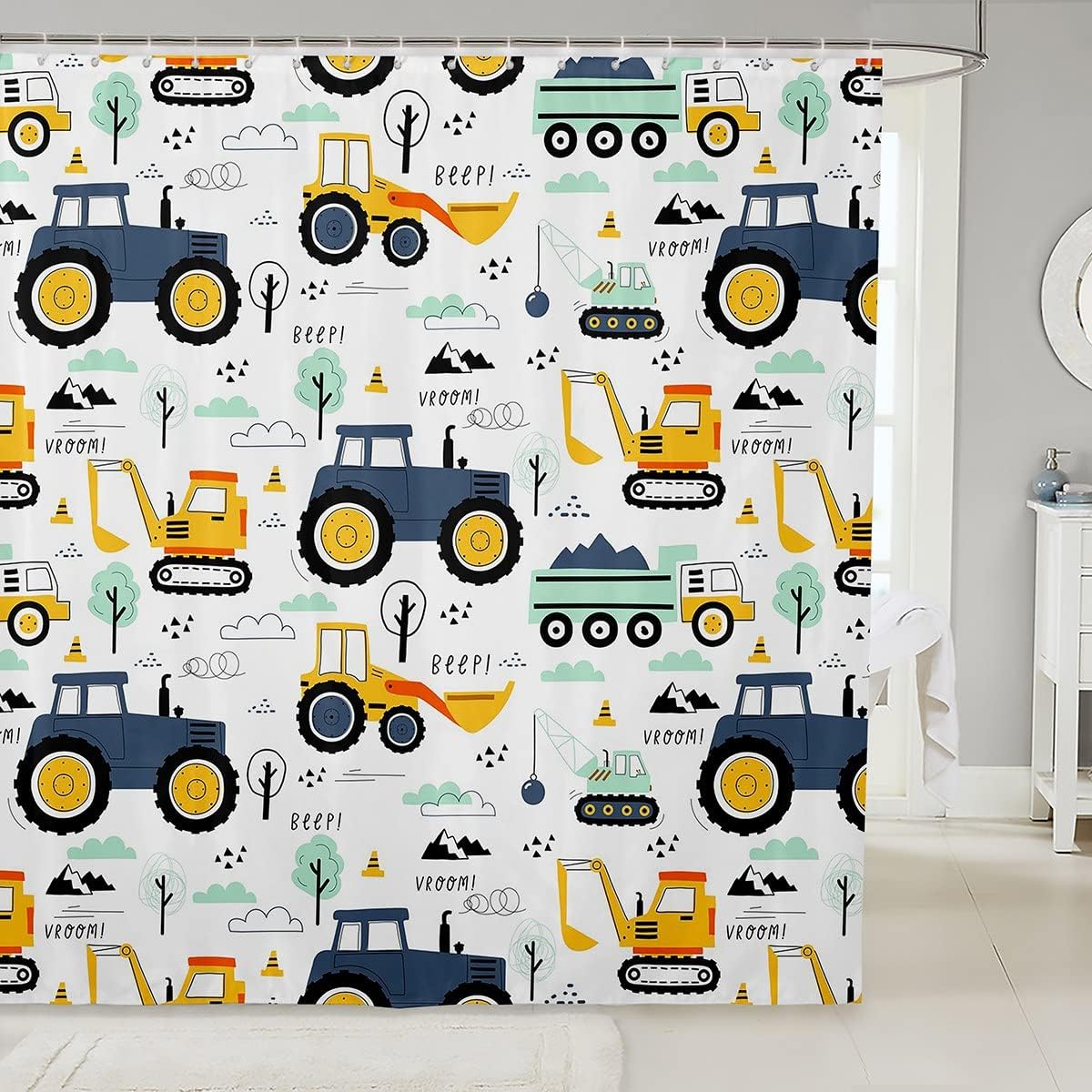Kids Construction Shower Curtain with 12 Hooks