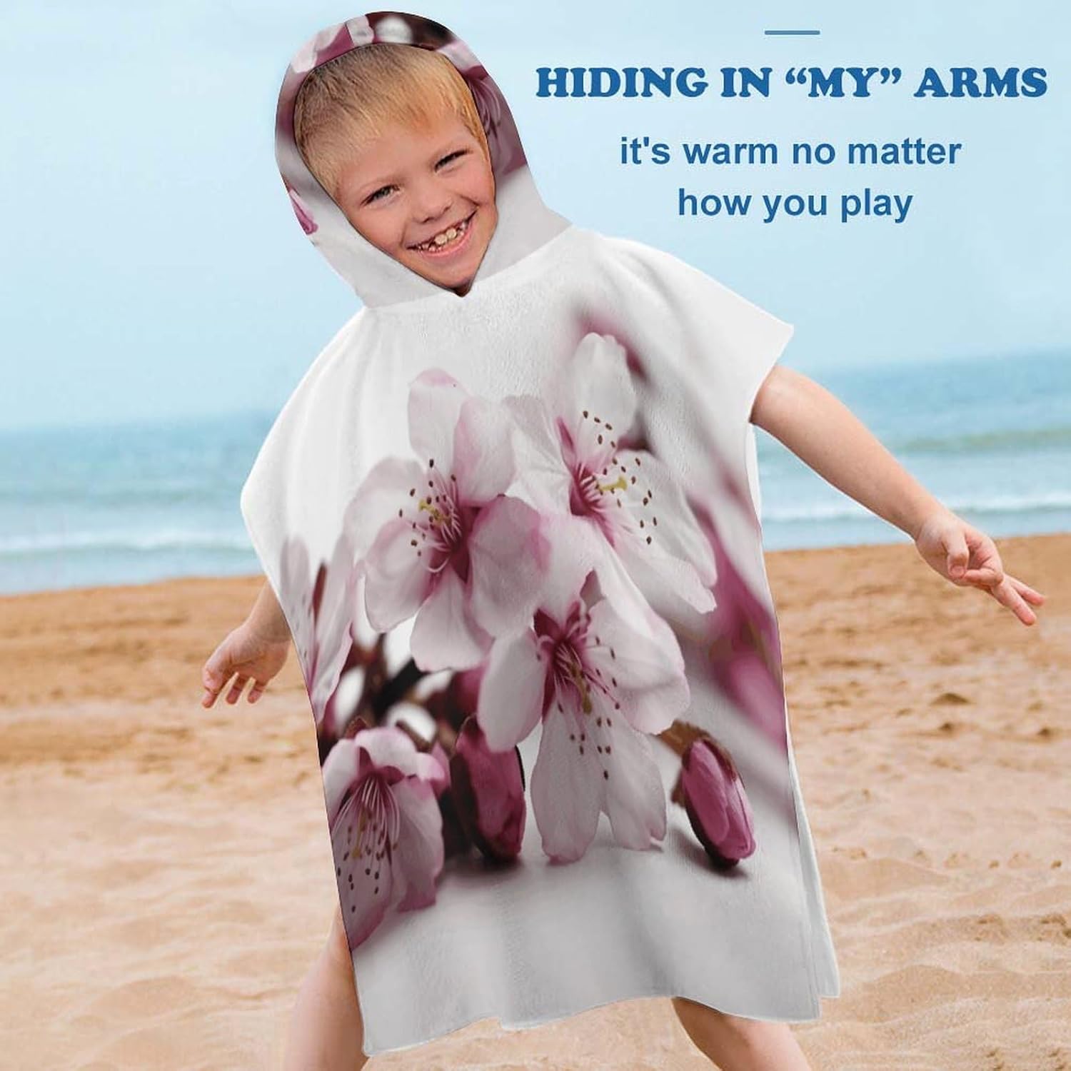 Peach Flower Printed Kids Hooded Beach Towel