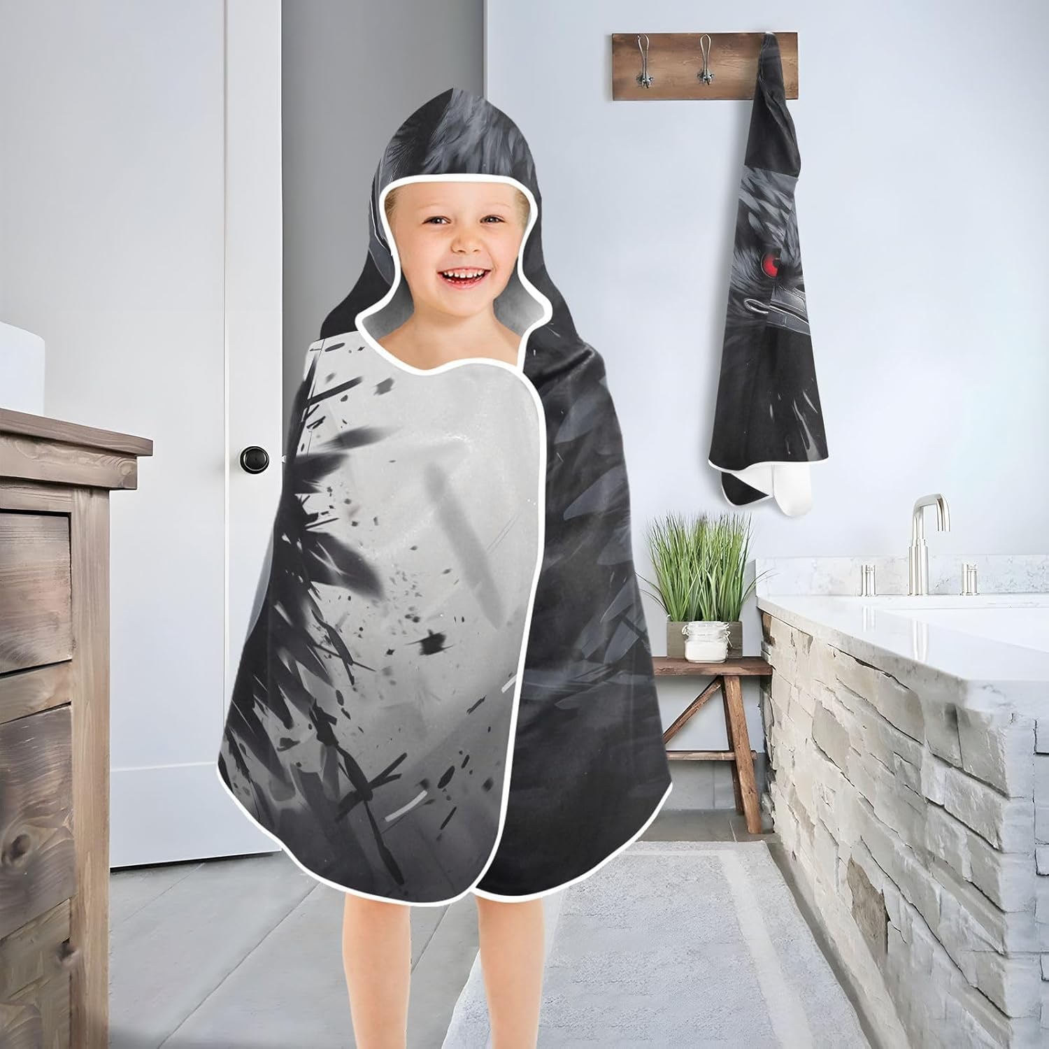 Crow Head Pattern Kids Bath Towel 24x50 Inch Hooded Towel for Children