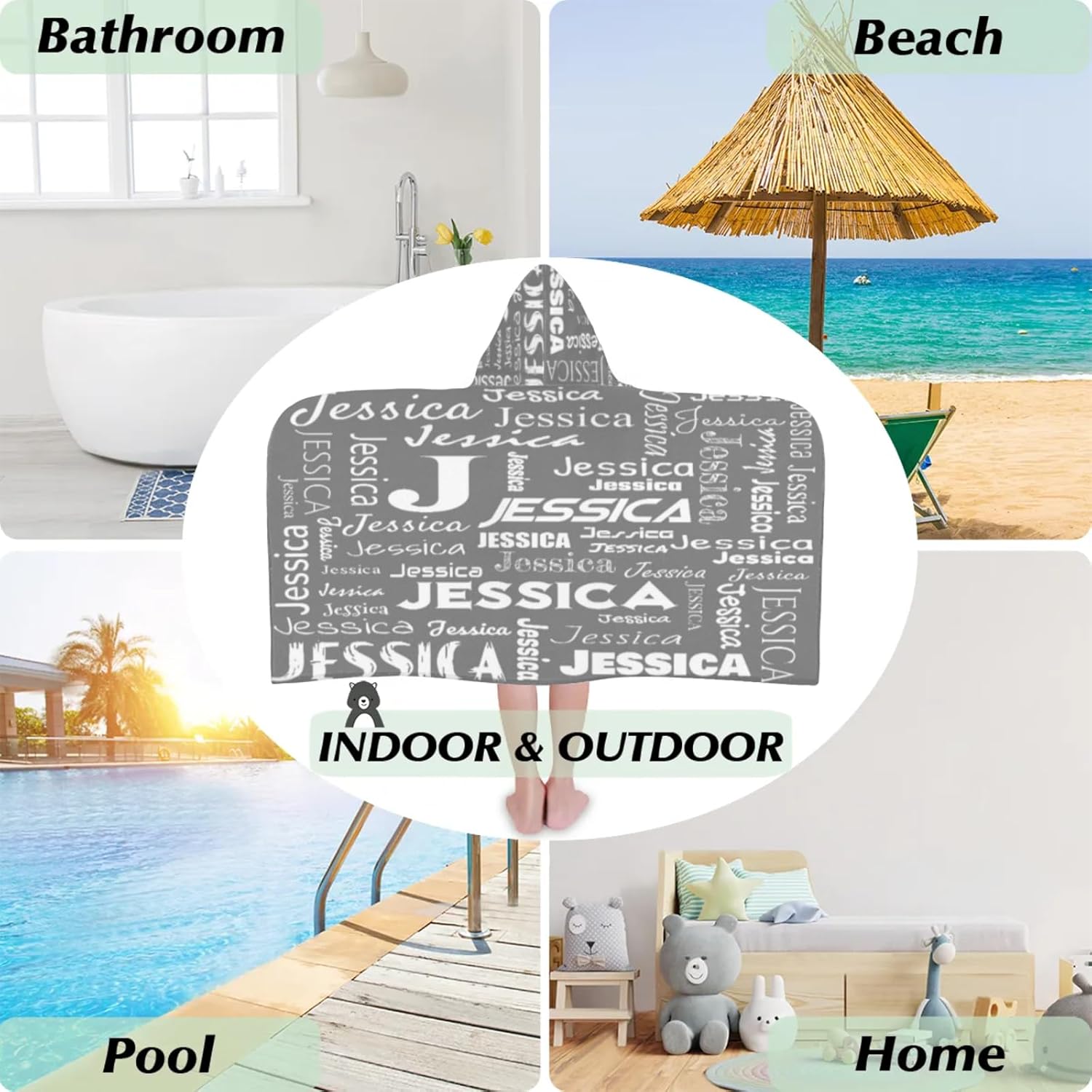 Custom Kids Hooded Beach Towel with Initials Grey
