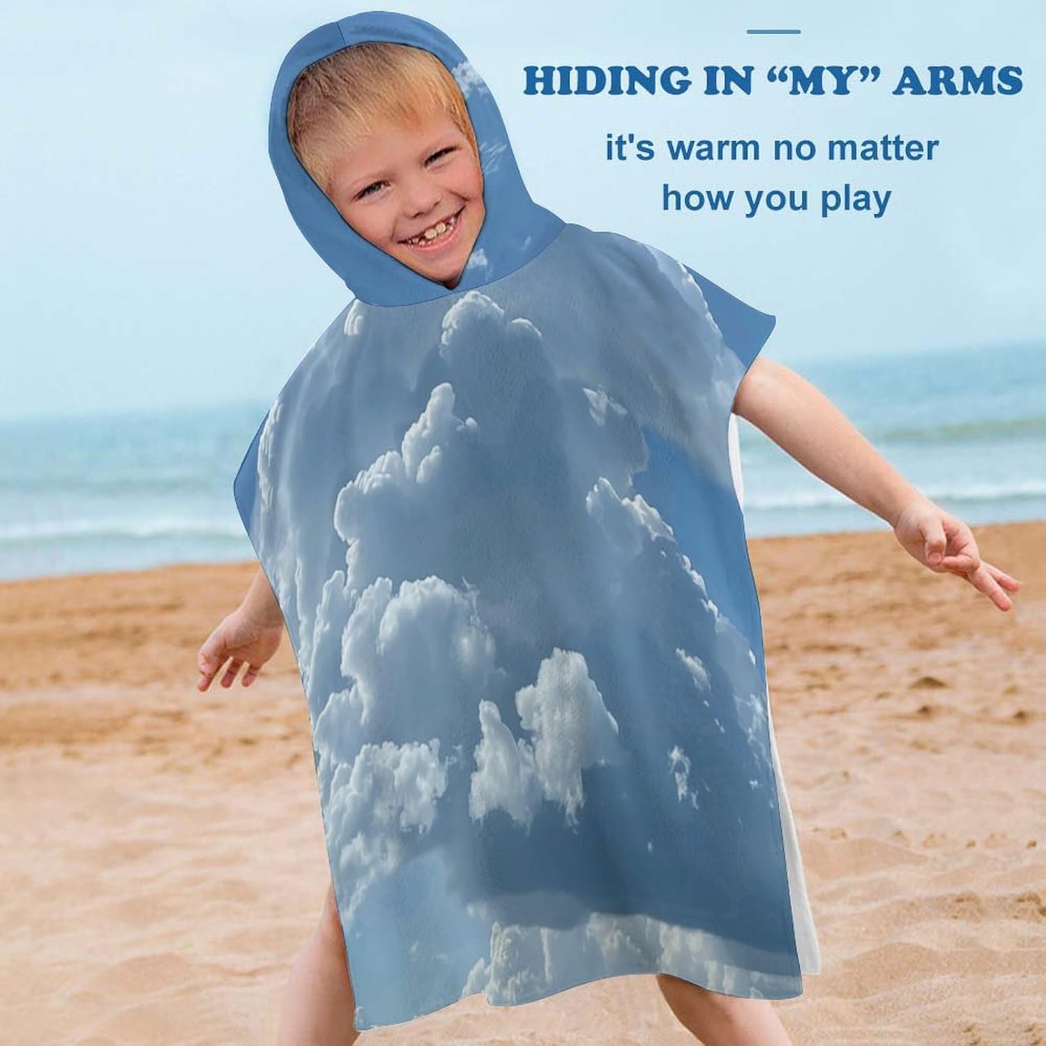 Kids Hooded Bath Towel with White Clouds Print