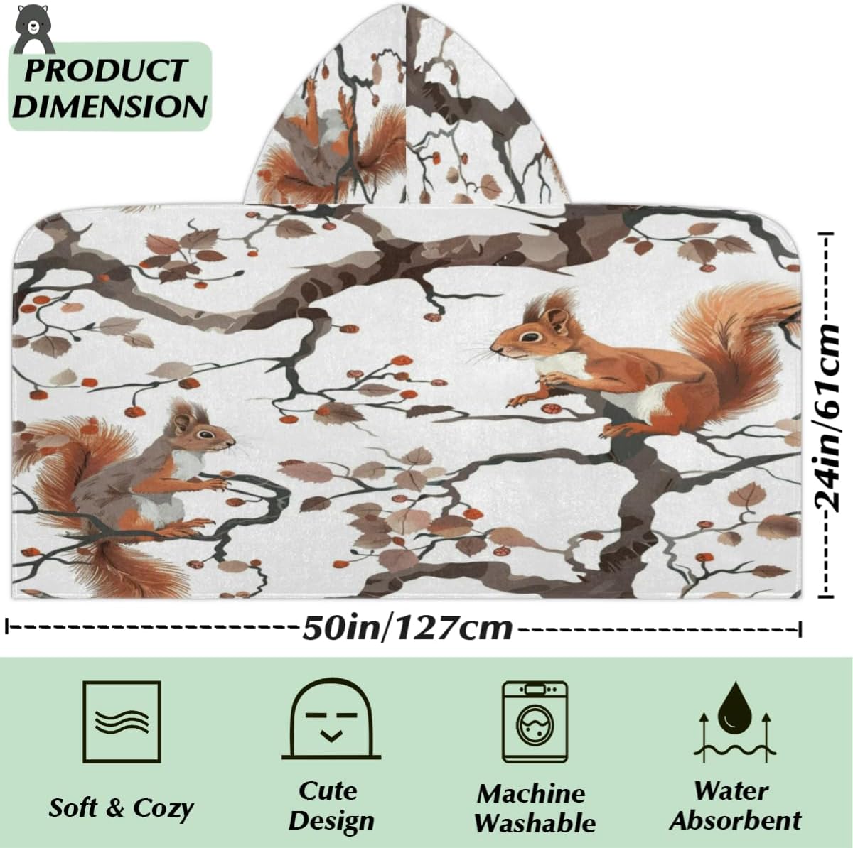 Squirrel Kids Hooded Beach Towel for Boys Girls