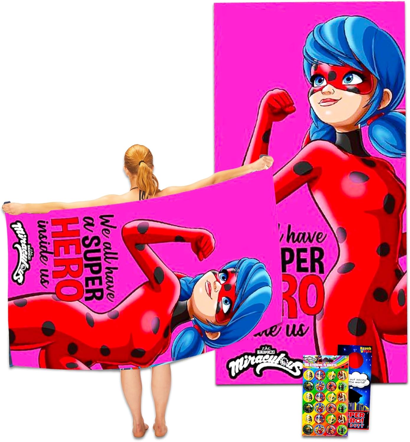 Miraculous Ladybug Beach Towel Set - Bundle with Stickers and Door Hanger