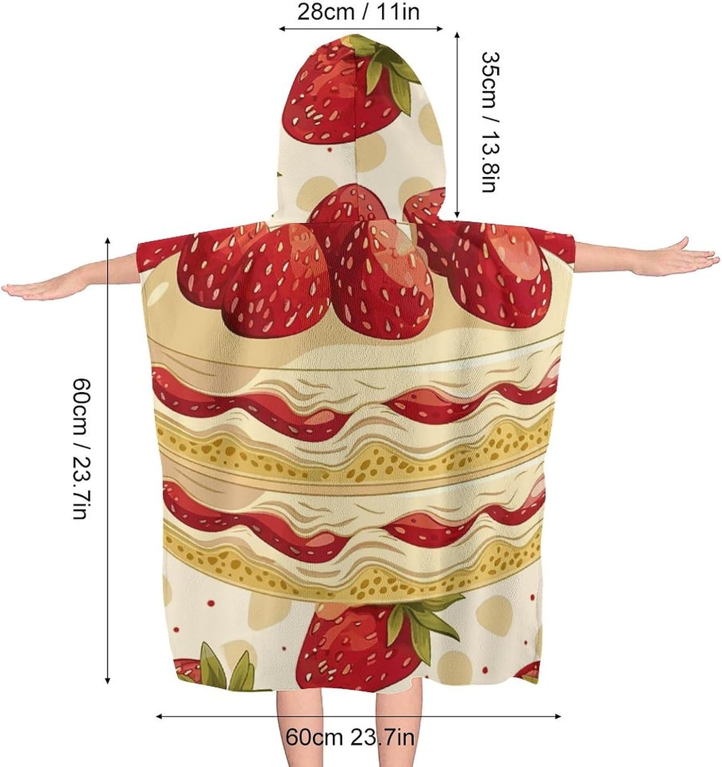 Kids Hooded Beach Towel with Strawberries and Cake Print