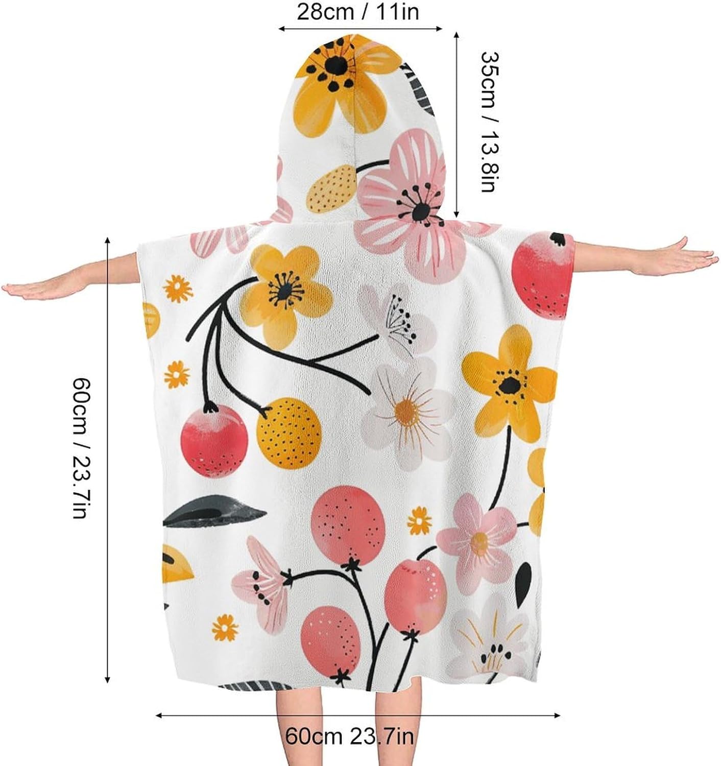 Kids Hooded Beach Towel with Cherries and Flowers Print