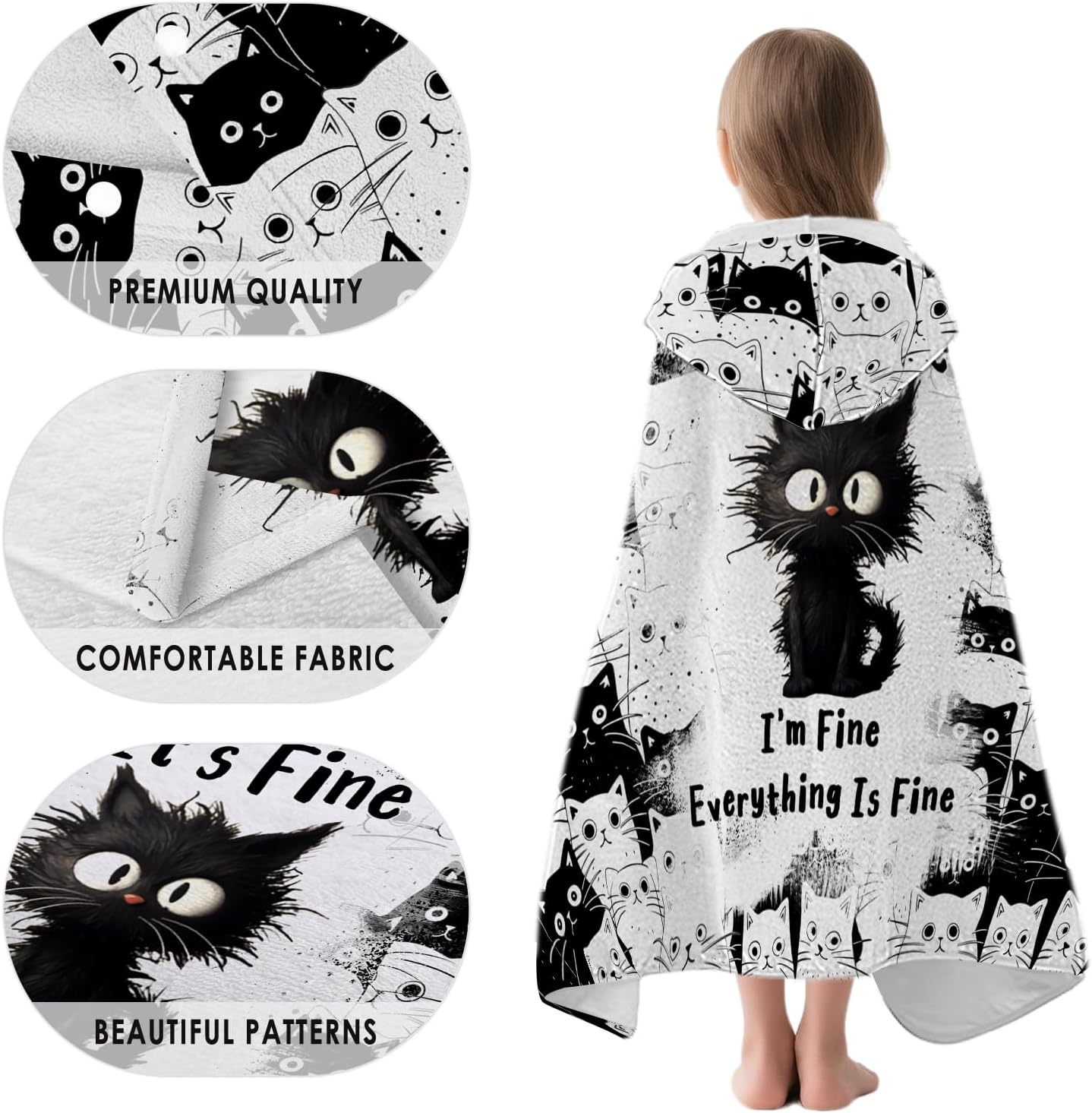 Black Cats Hooded Beach Towel for Kids