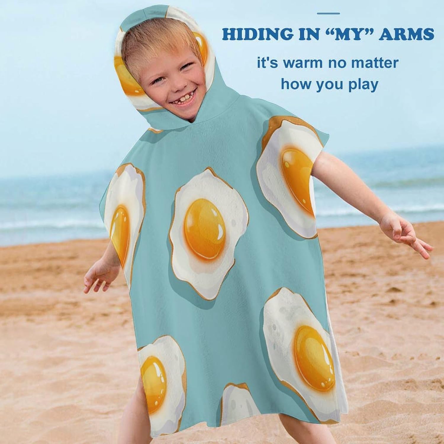 Kids Hooded Beach Towel with Blue Fried Egg Print