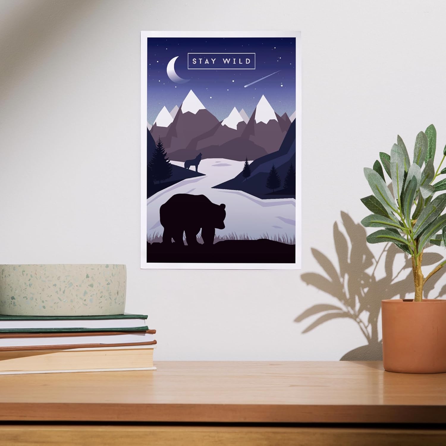 Lantern Press 8x12 Art Print Stay Wild Bear Mountain Night Sky Purple