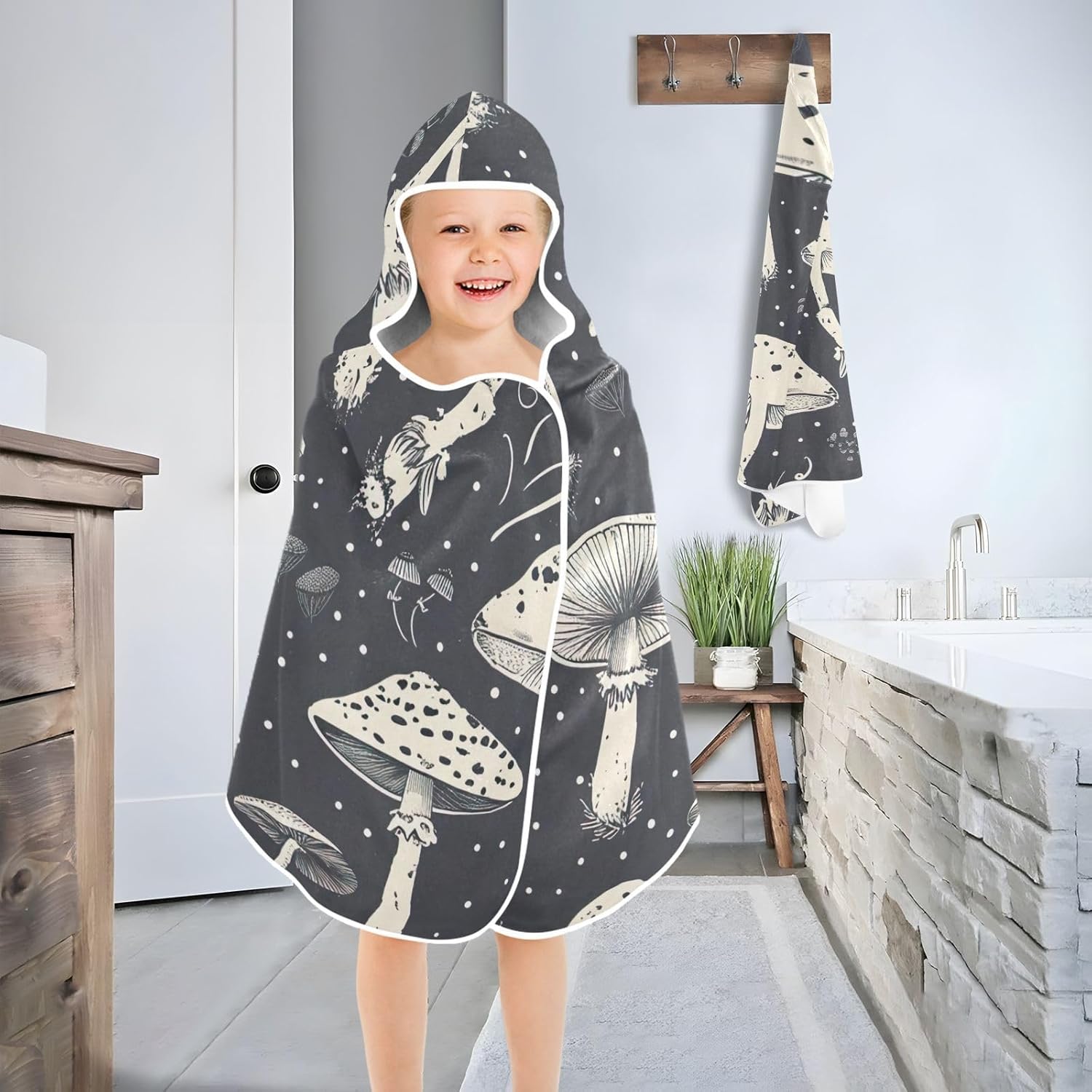 Mushrooms Black Kids Bath Towel 24x50 Hooded Towel for Children